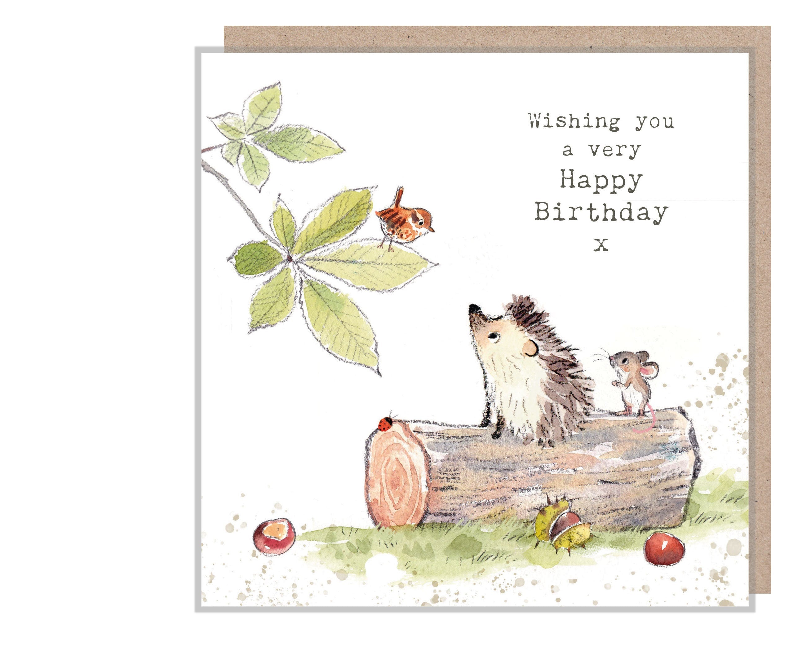 Cute Hedgehog Card - Wishing You a Very Happy Birthday - Hedgehog on Log with Mouse and Horse Chesnutt's