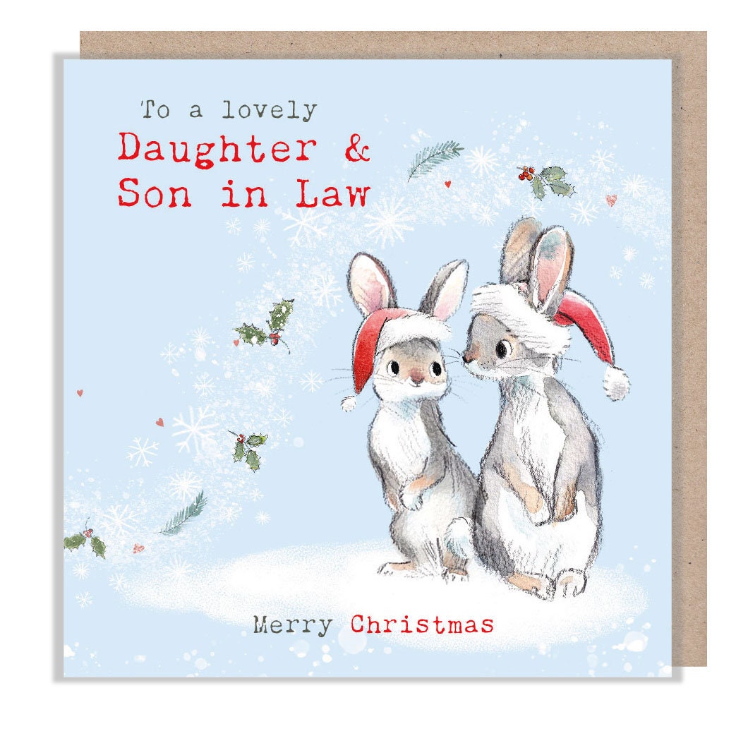 Christmas Card - 2 x Rabbits Wearing Hats. Foliage Blowing Past. to a Lovely Daughter & Son-In-Law.