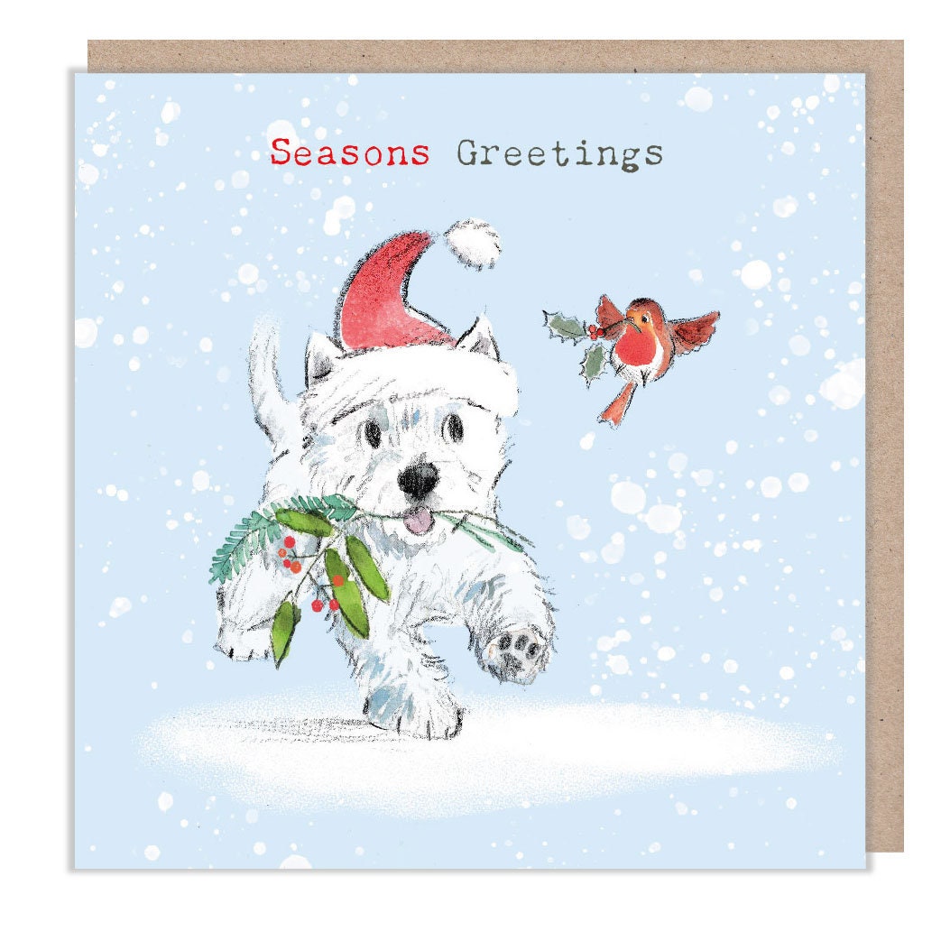Christmas Card - White Westie Dog - Running with Foliage in It's Mouth - Flying Robin. Season's Greetings