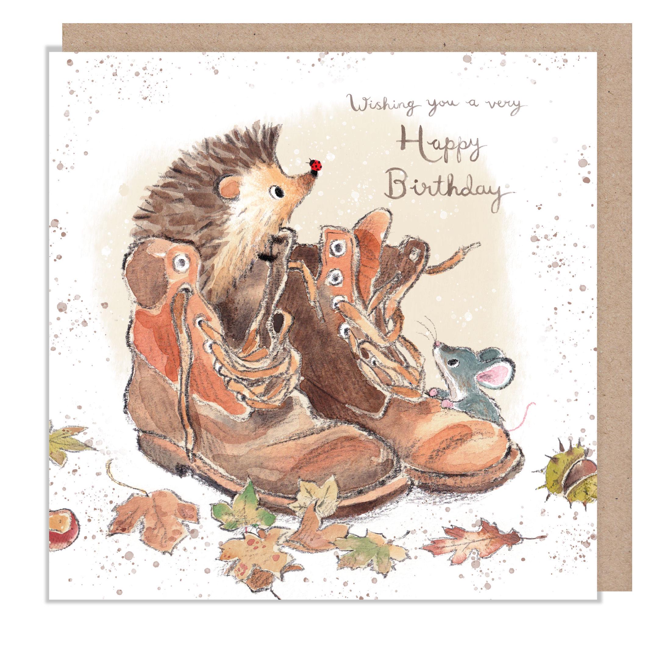 Birthday Card - Blank - Hedgehog and Mouse with Brown Boots