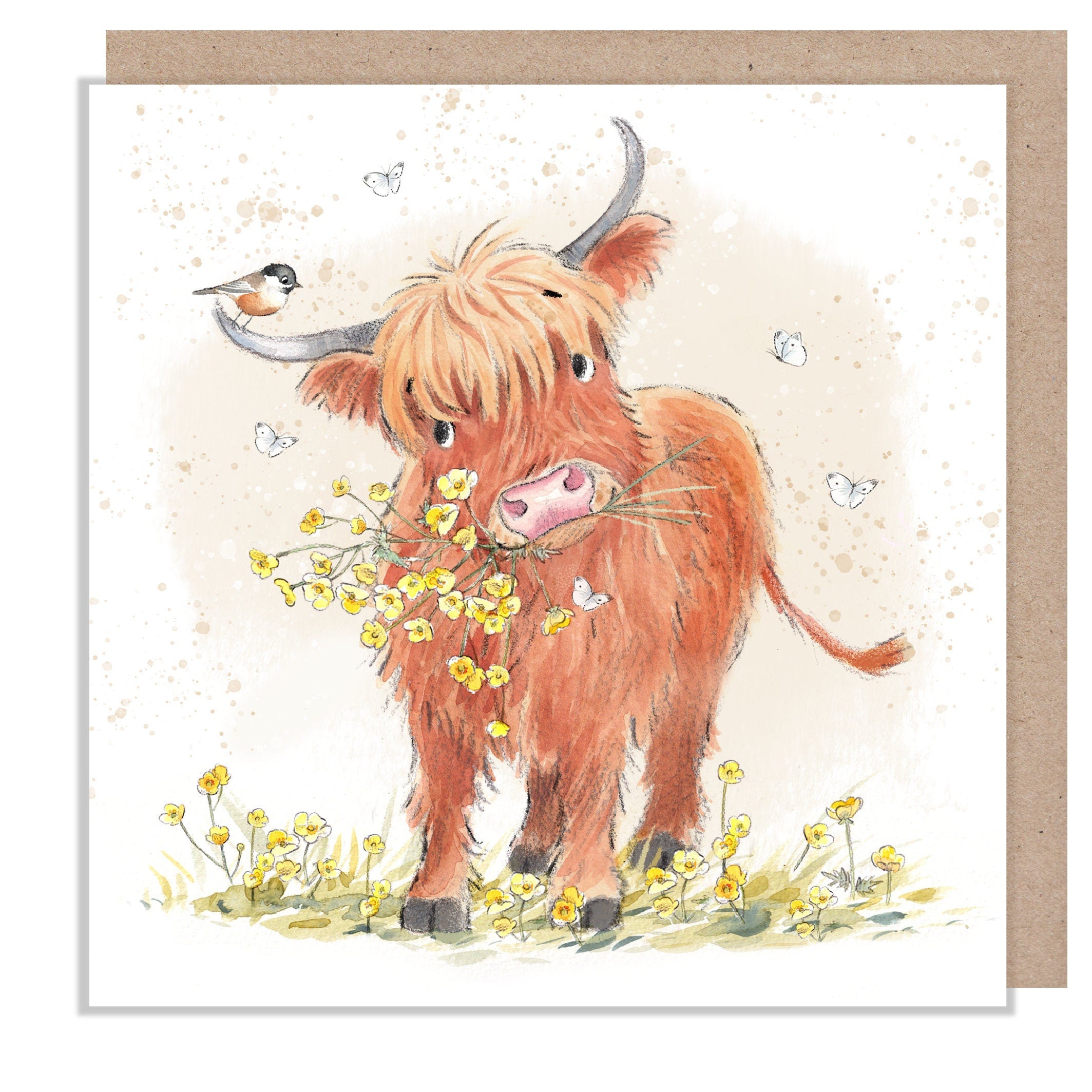 Greeting Card - Blank - Highland Cow with Bird and Flowers