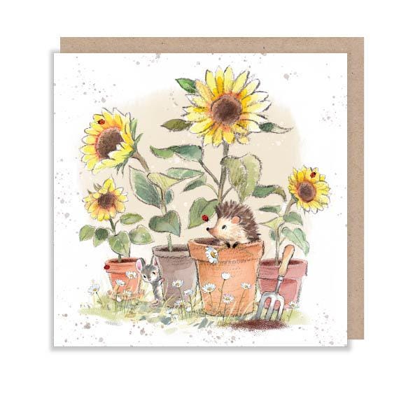 Greeting Card - Blank - Hedgehog and Mouse with Sunflowers