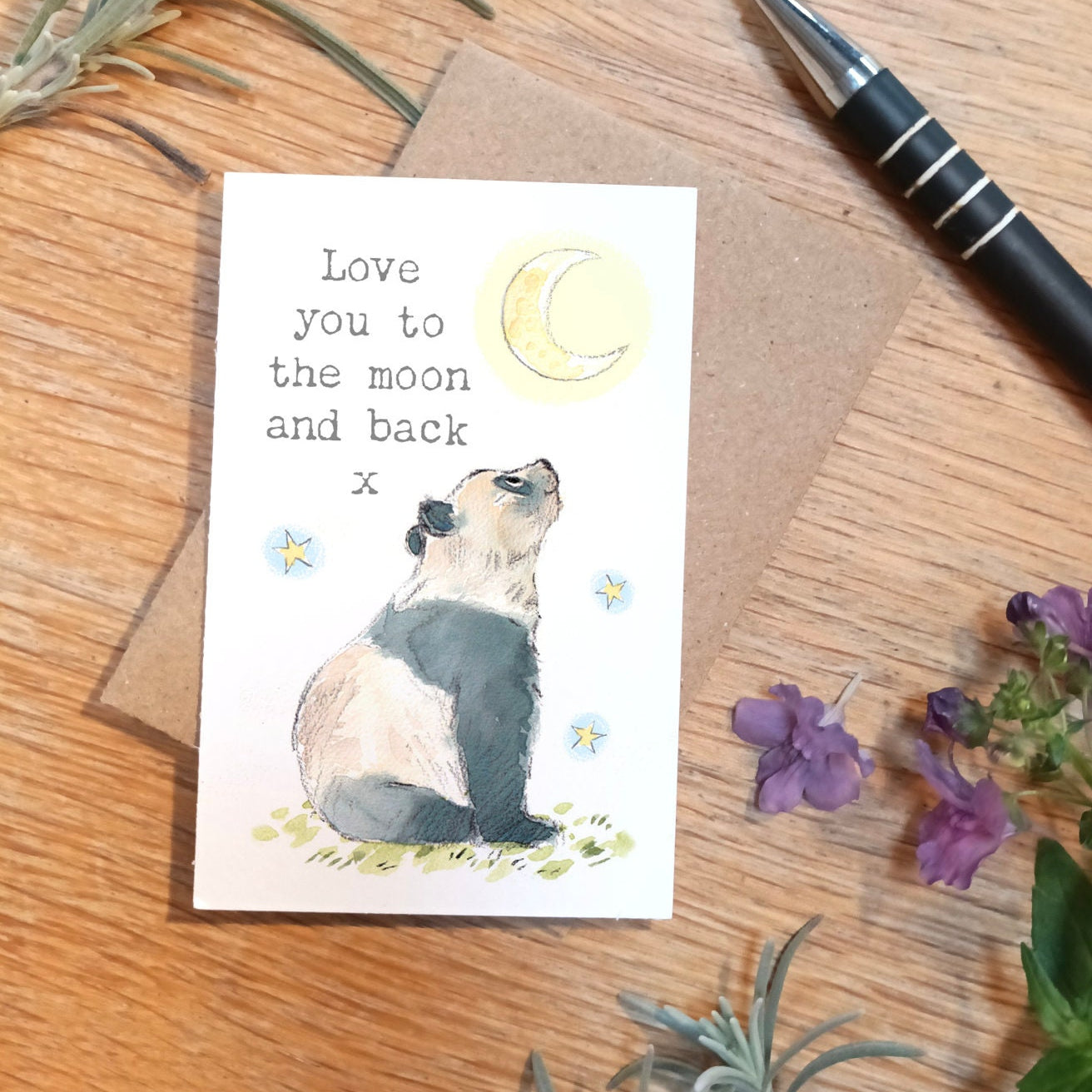 Sentiment Card - Love You to the Moon and Back x - Panda Looking at the Moon