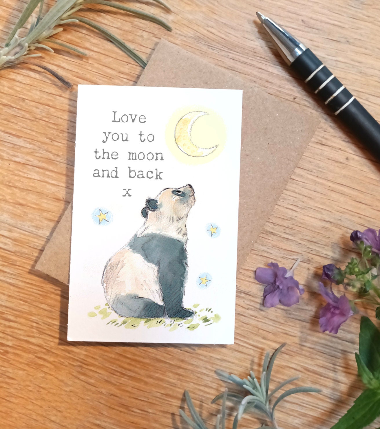 Sentiment Card - Love You to the Moon and Back x - Panda Looking at the Moon