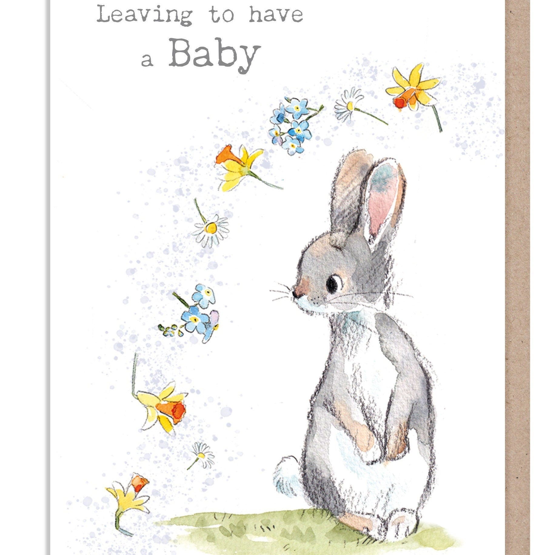 Greeting Card - Leaving to Have a Baby - Rabbit with Blowing Flowers