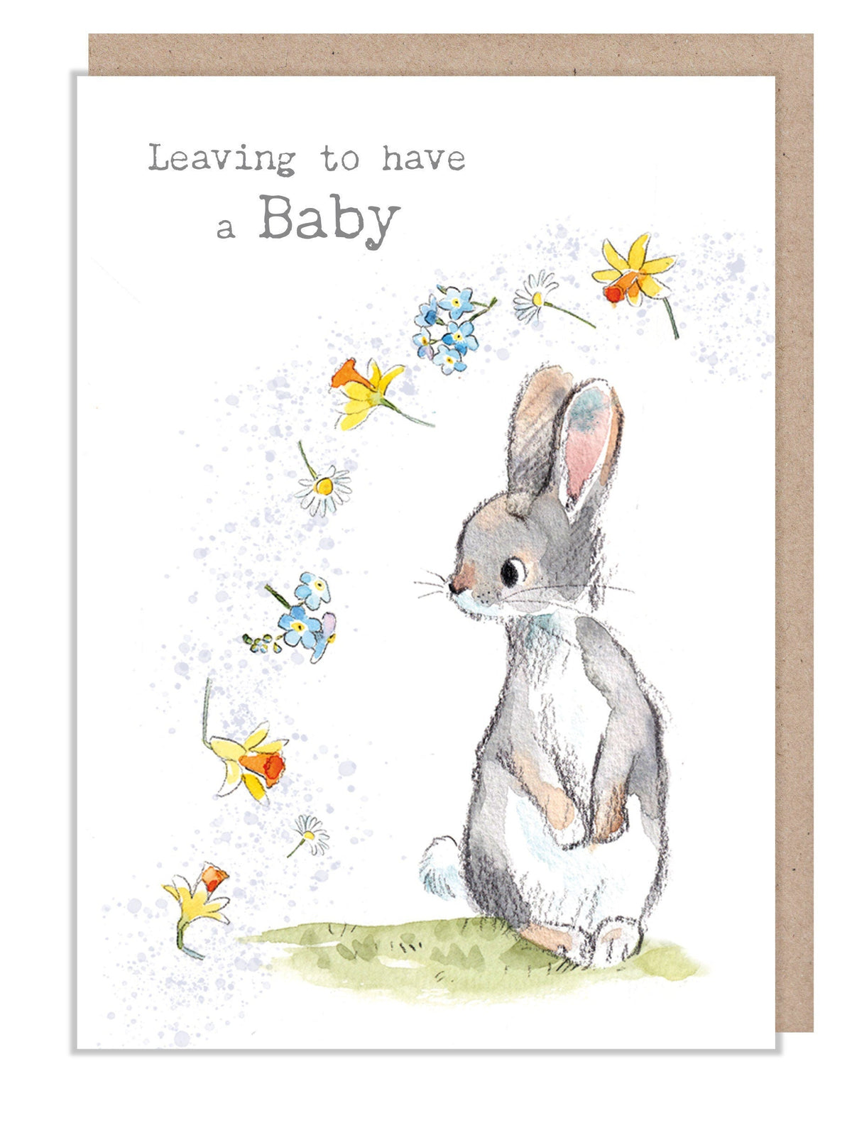 Greeting Card - Leaving to Have a Baby - Rabbit with Blowing Flowers