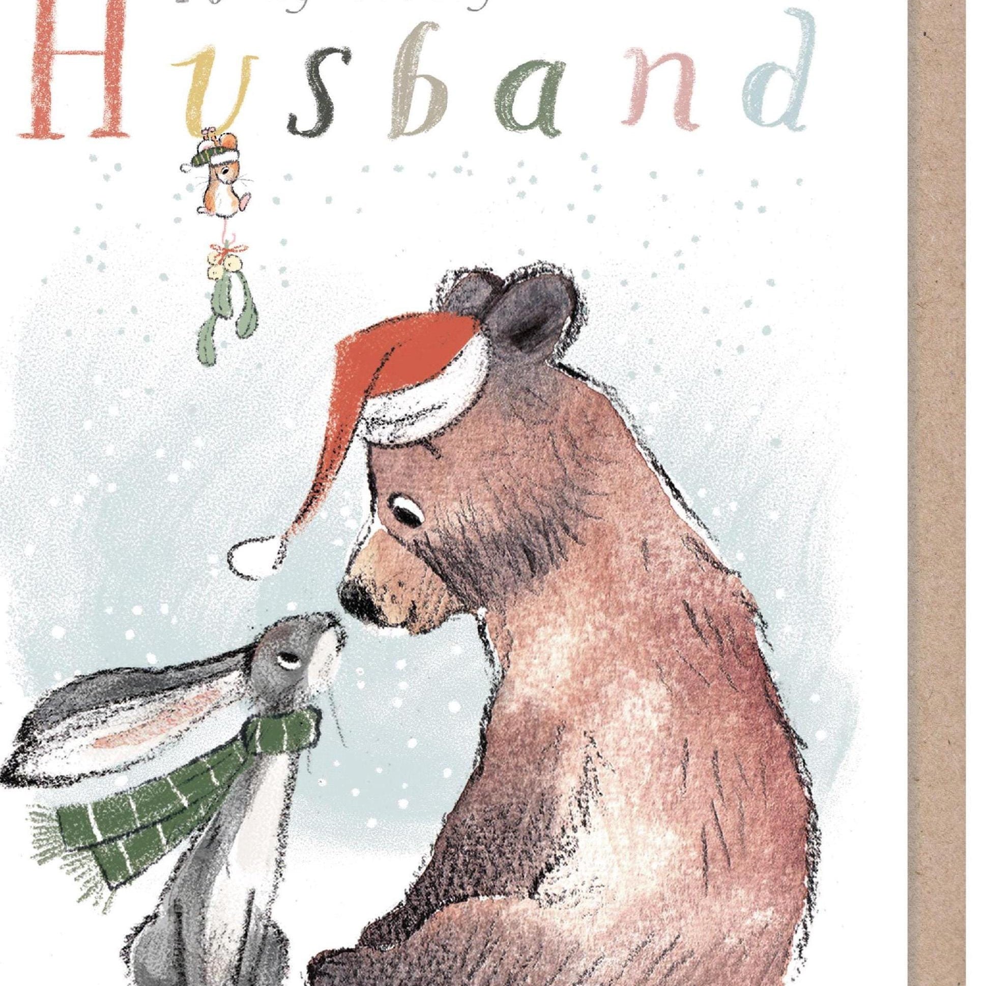 Christmas Greeting Card - Lovely Husband - Bear, Hare and Mouse