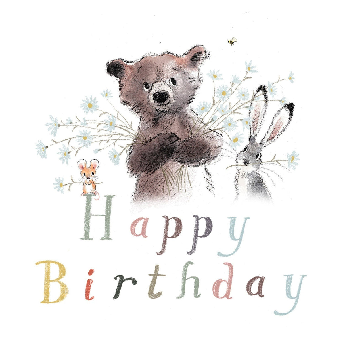 Cute Birthday Card - Happy Birthday - Bear , Hare and Mouse with Flowers