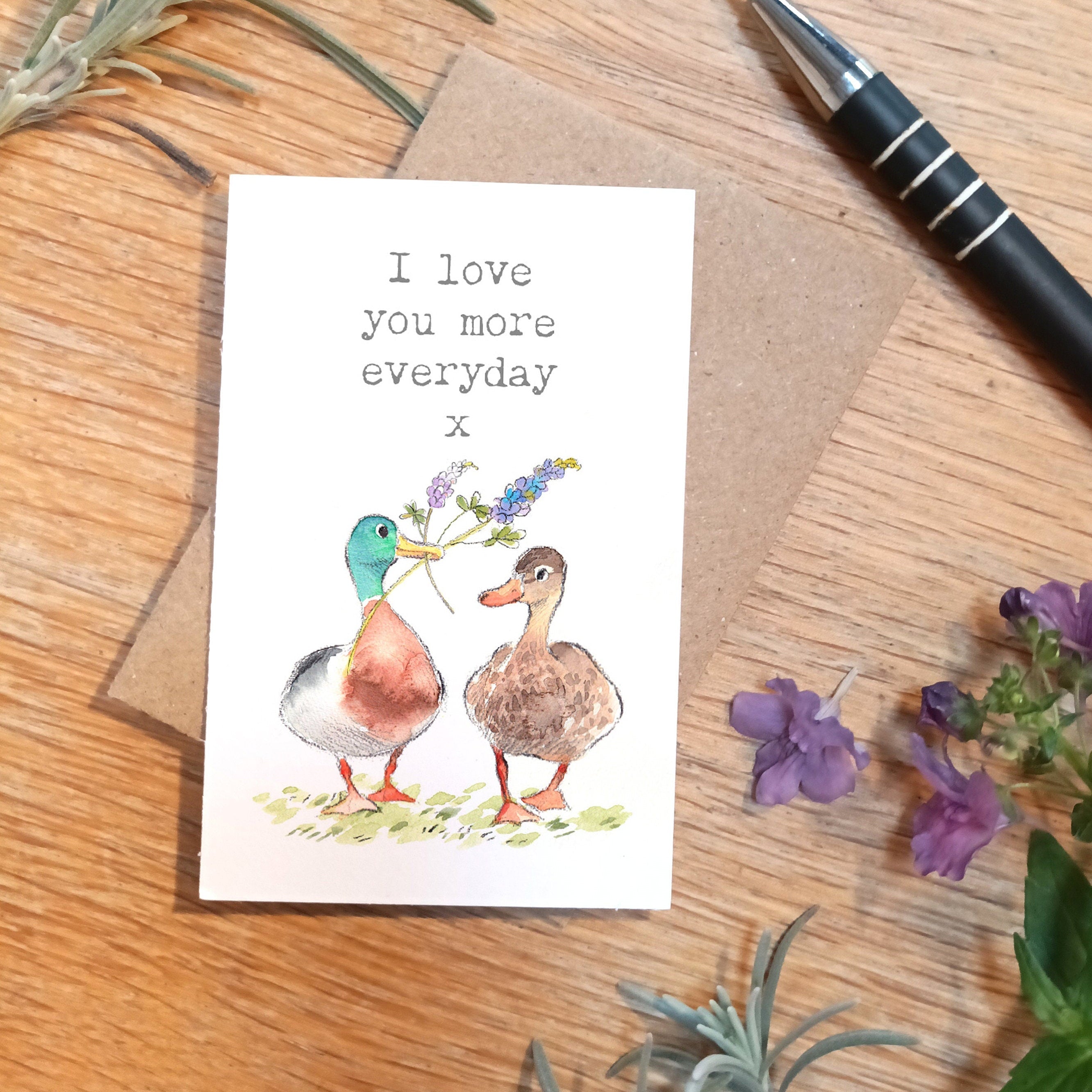 Sentiment Card - I Love You More Everyday - 2 Ducks with Flowers