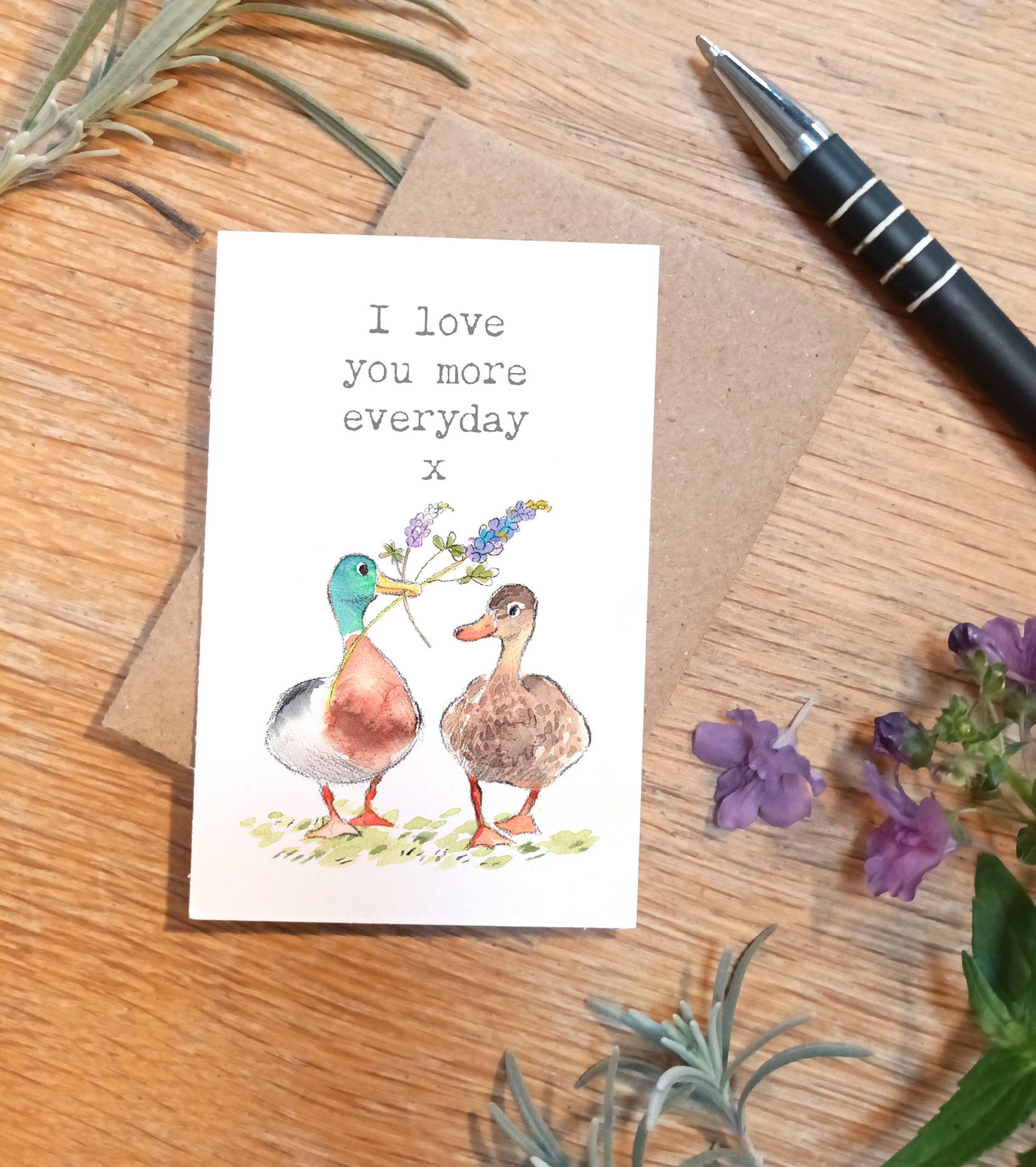 Sentiment Card - I Love You More Everyday - 2 Ducks with Flowers