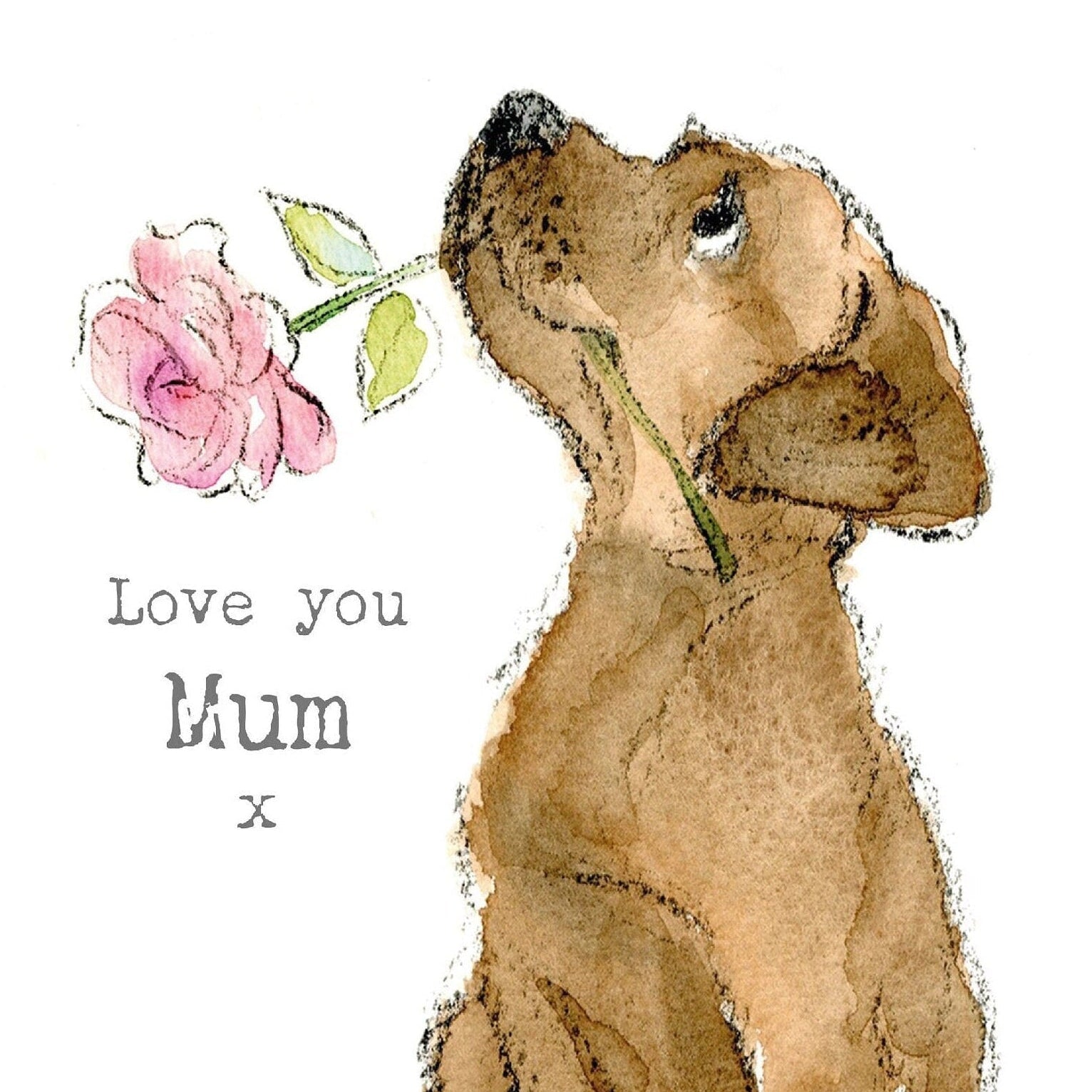 Greeting Card - Love You Mum x - Brown Puppy with Pink Flower