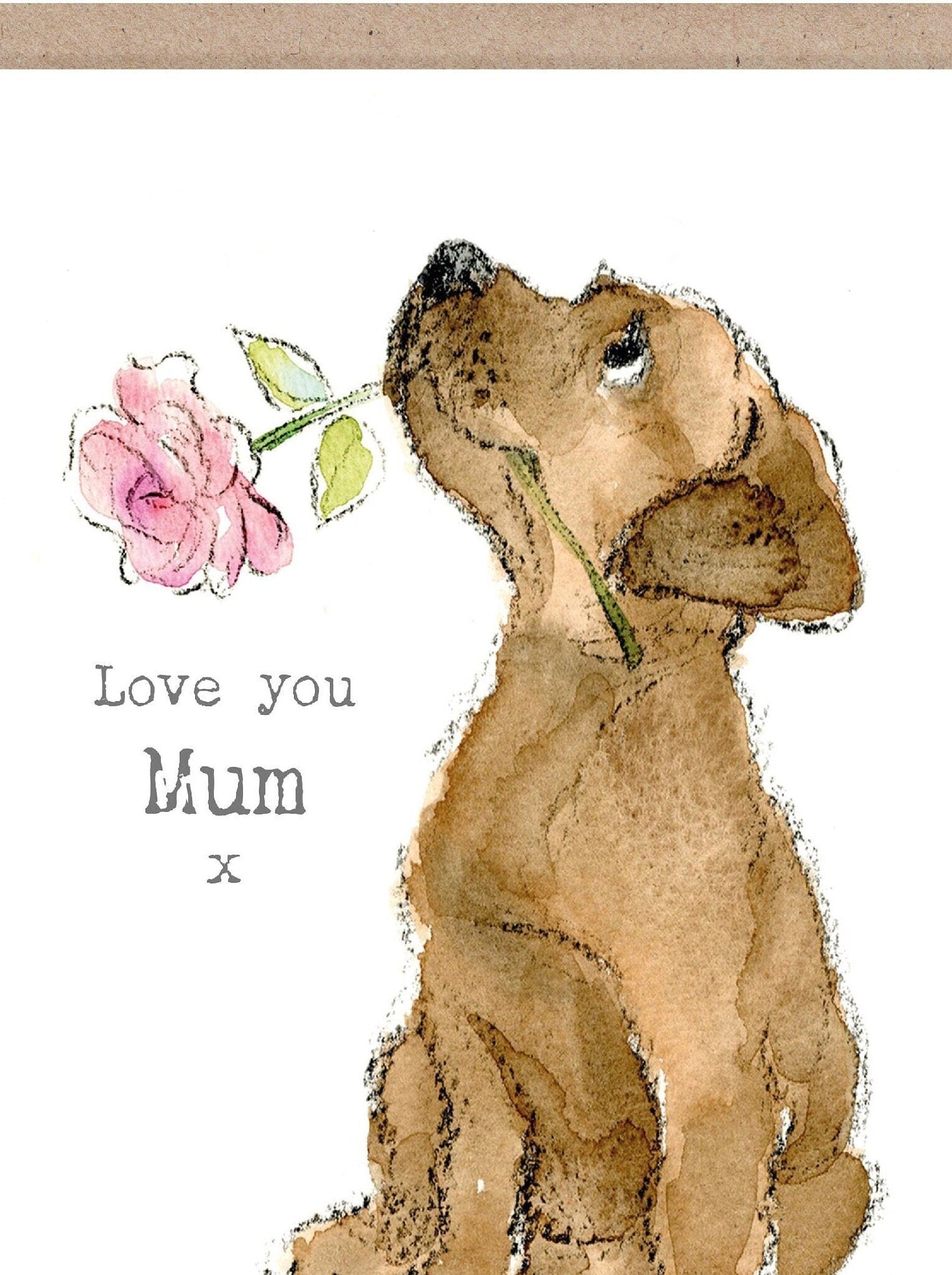 Greeting Card - Love You Mum x - Brown Puppy with Pink Flower