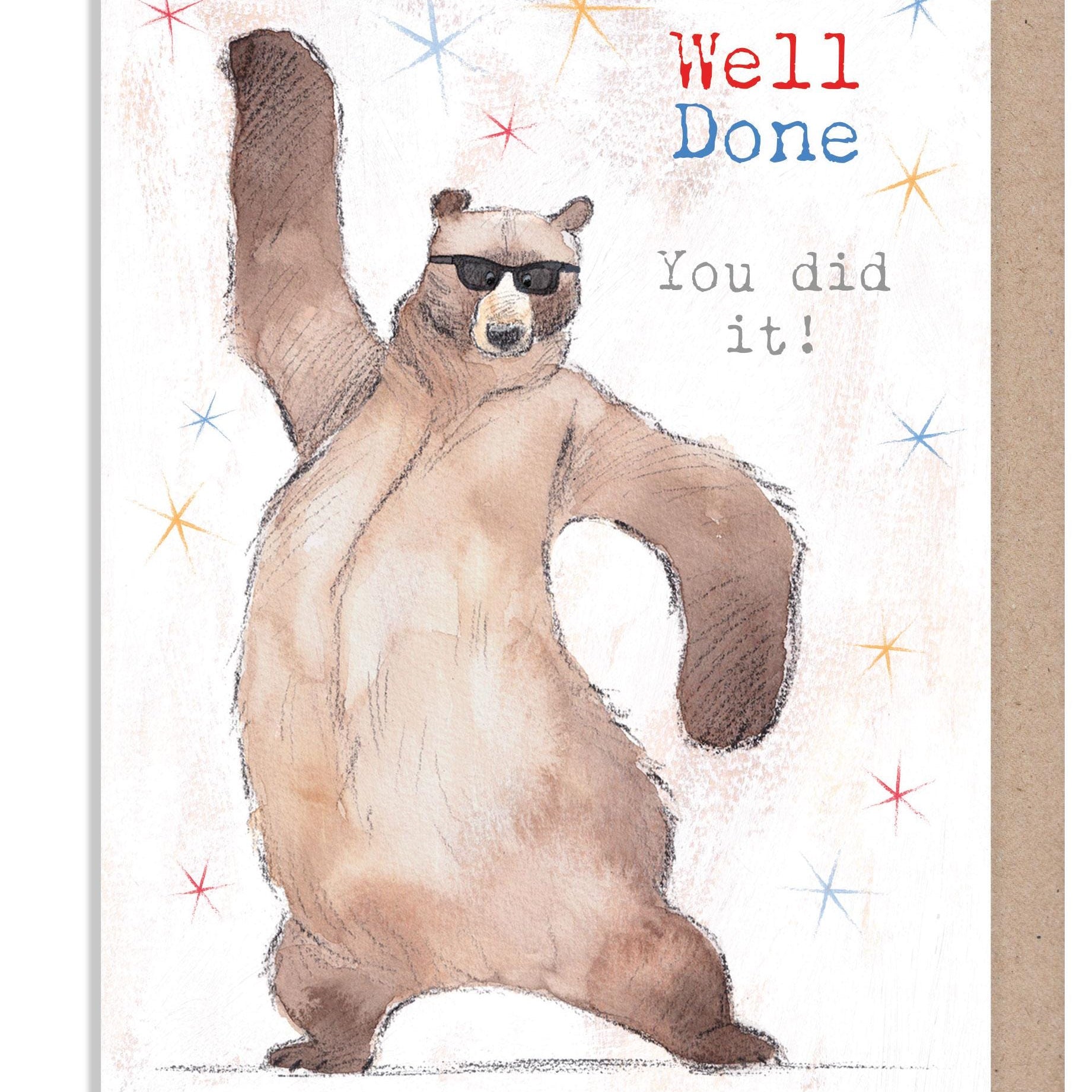 Well Done card, Quality Greeting Card, Bear in Sunglasses 'Hey Bear' range, Fun hand drawn Illustrations, made in UK, HBE015