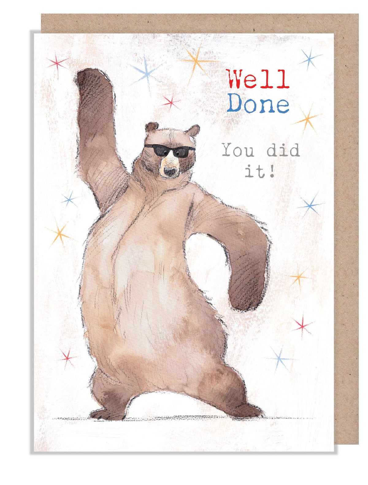 Well Done card, Quality Greeting Card, Bear in Sunglasses 'Hey Bear' range, Fun hand drawn Illustrations, made in UK, HBE015