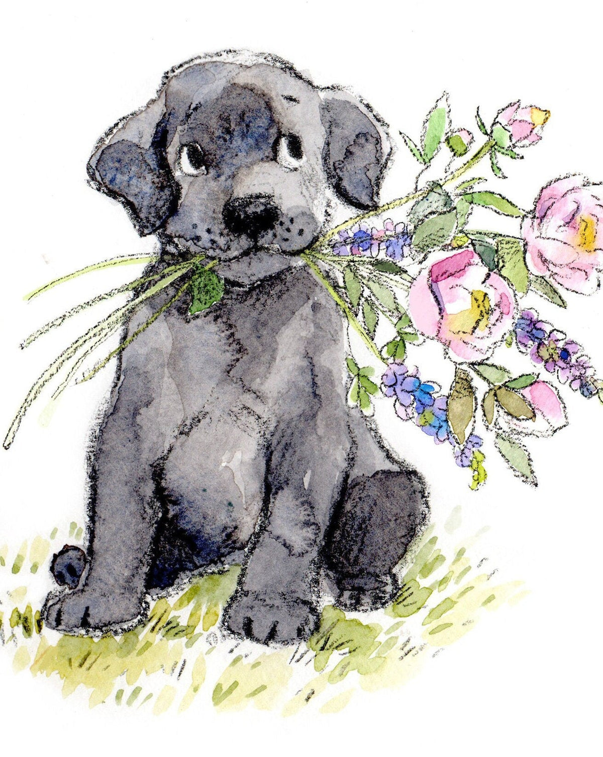 Cute Dog Card - Blank - Black Labrador with Flowers