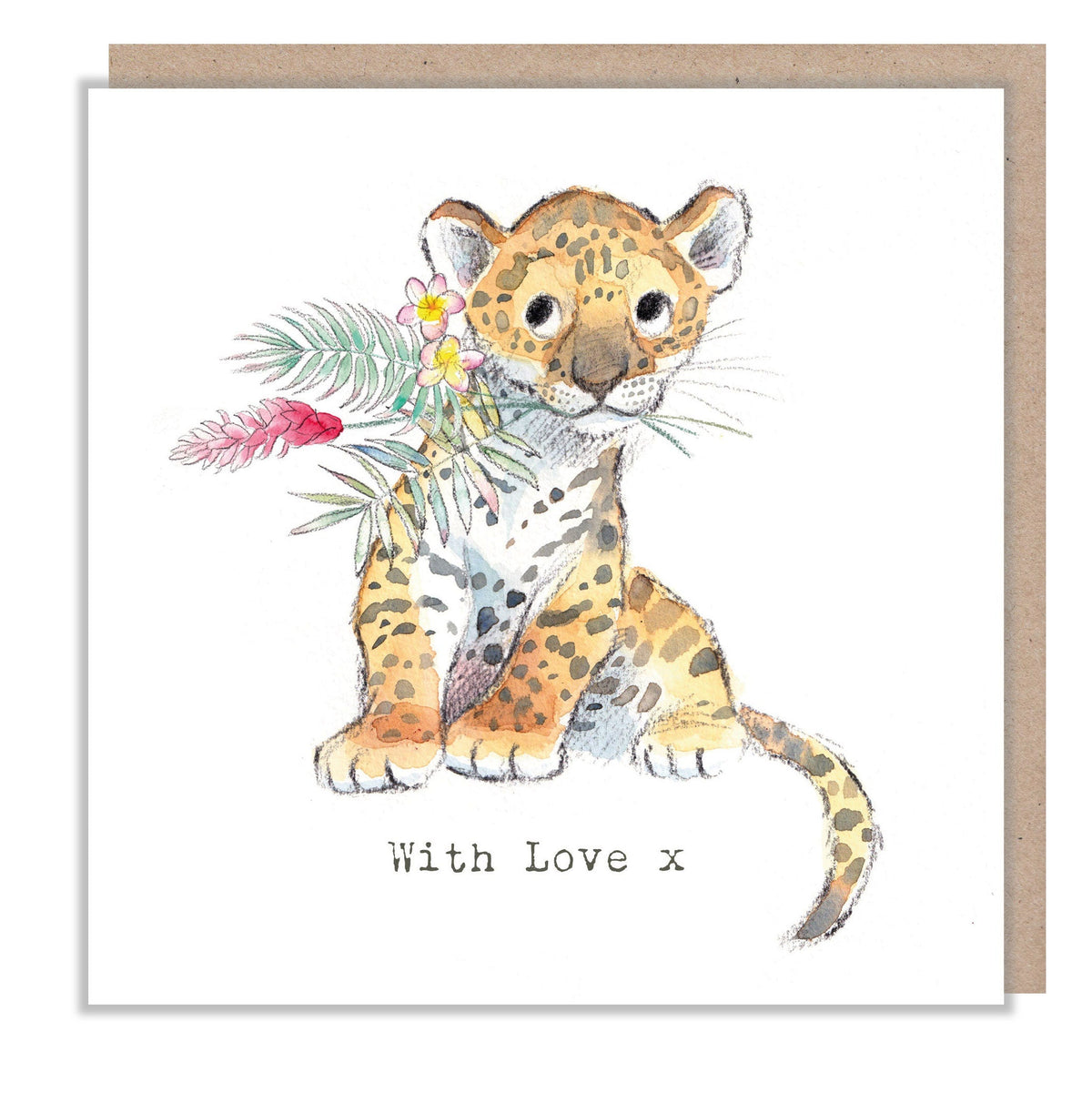 With Love Card - Cute Leopard with Flowers