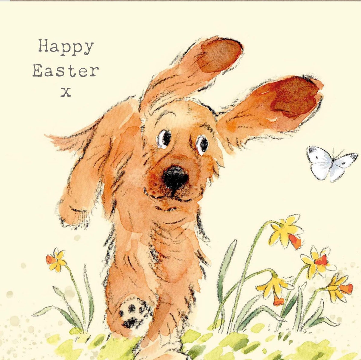 Cute Easter Card - Happy Easter - Jumping Cocker Spaniel with Daffodils