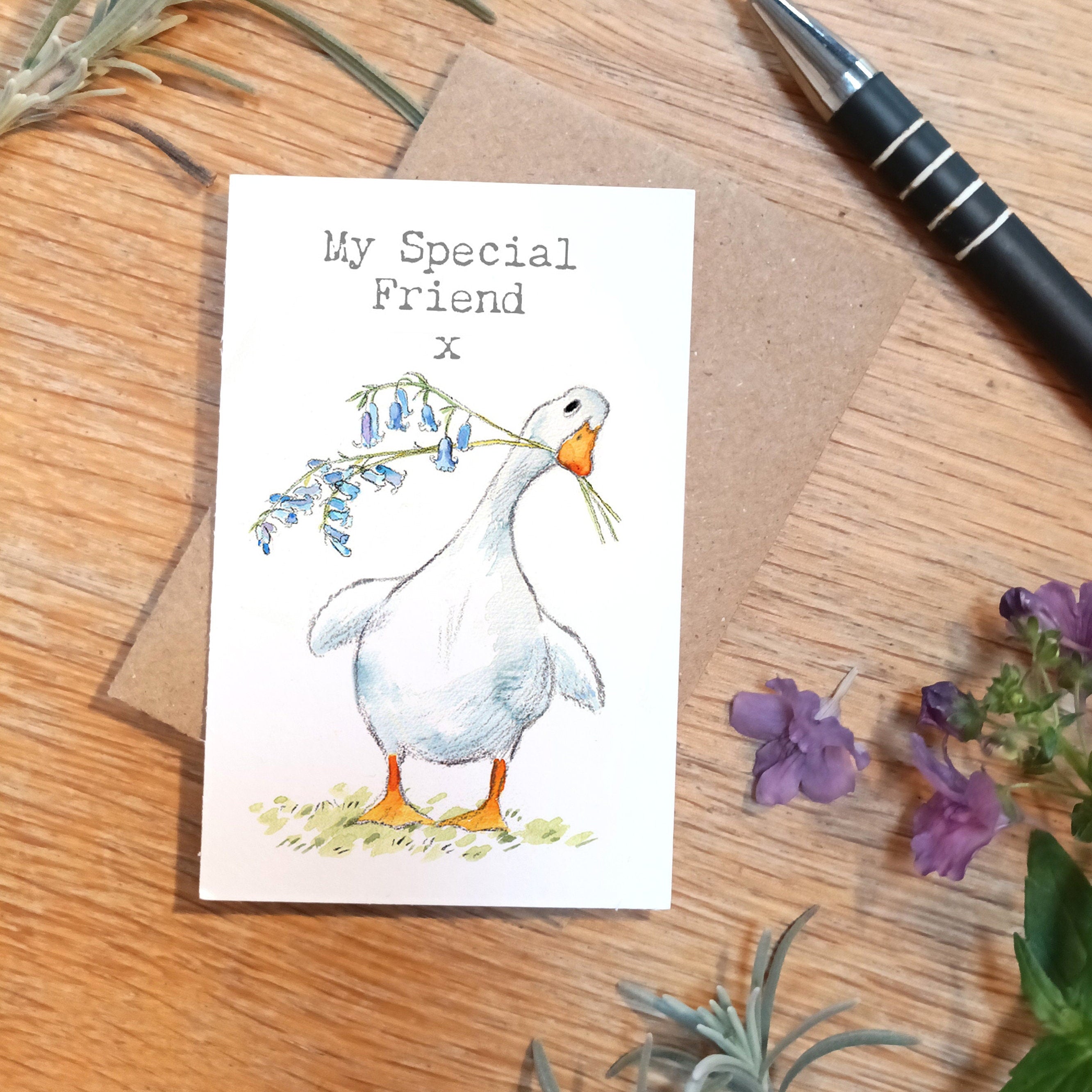 Sentiment Card - My Special Friend - White Duck with Bluebells