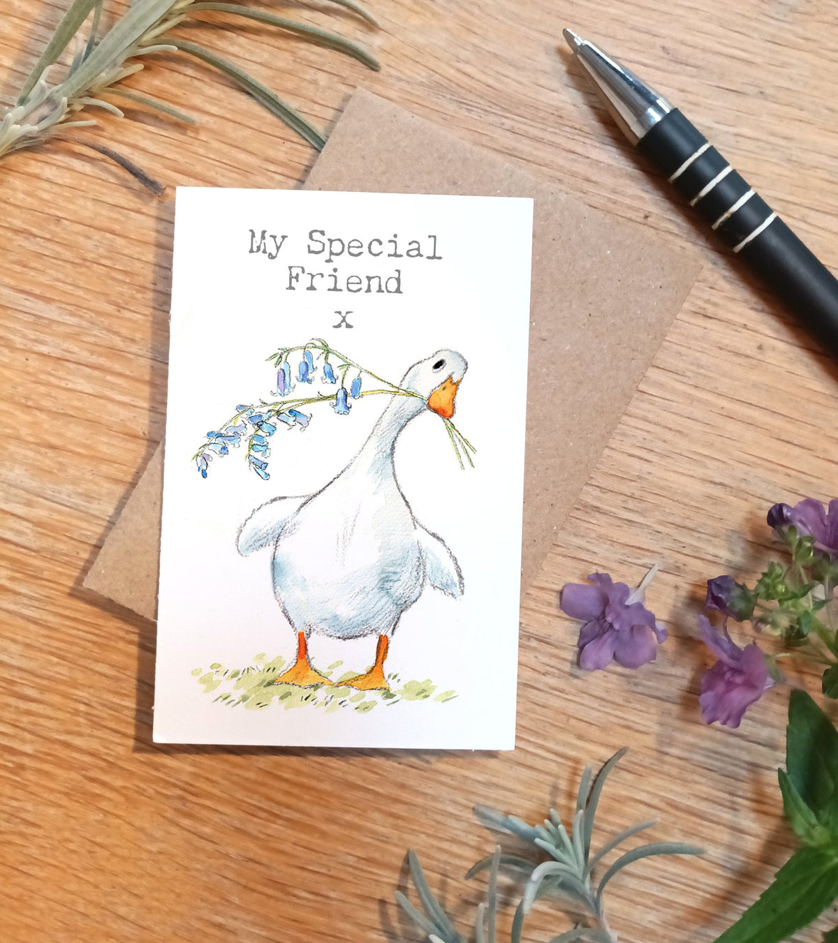 Sentiment Card - My Special Friend - White Duck with Bluebells