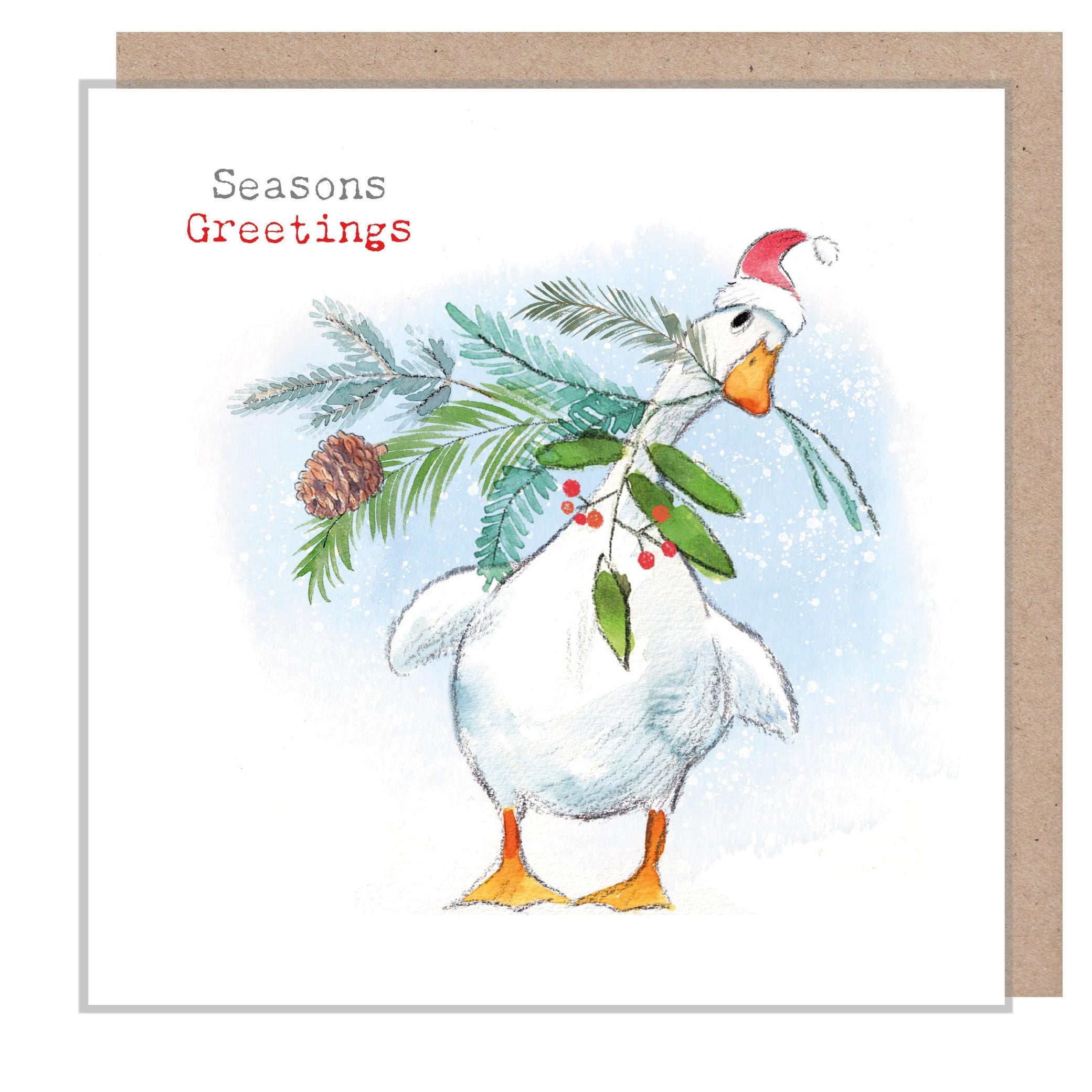 Christmas Card - White Duck with Winter Foliage - Season's Greetings
