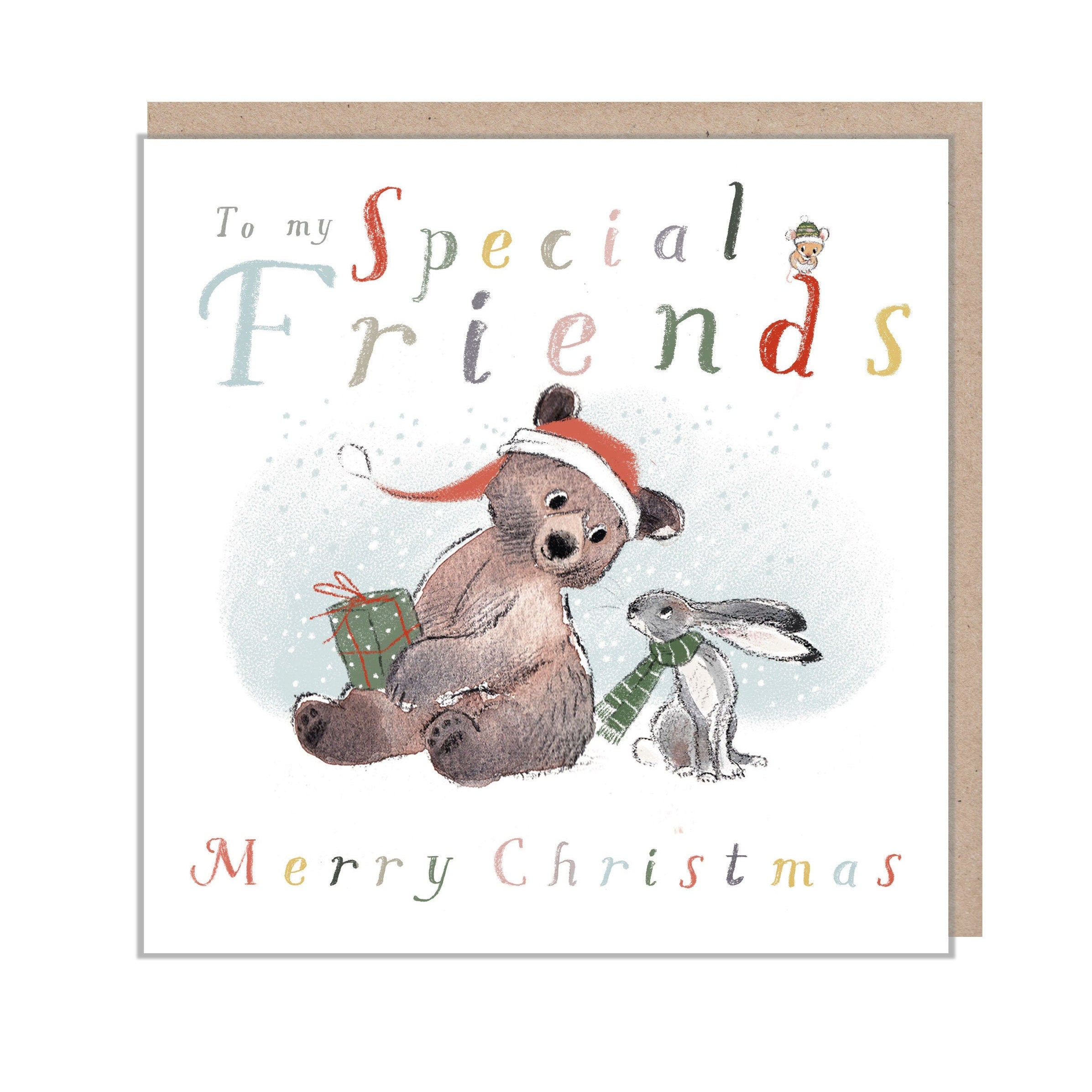 Christmas Card - to My Special Friends - Bear Holding Present Looking at Hare.
