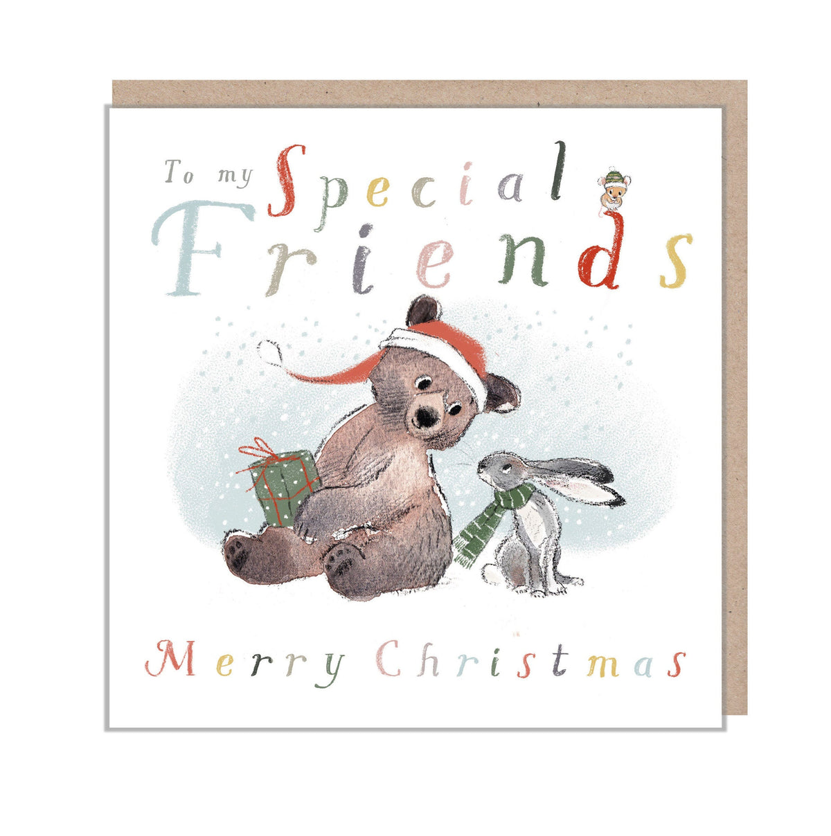 Christmas Card - to My Special Friends - Bear Holding Present Looking at Hare.