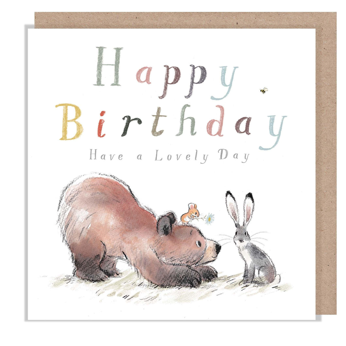 Birthday Card - Happy Birthday Have a Lovely Day - Bear and Mouse Looking at Hare