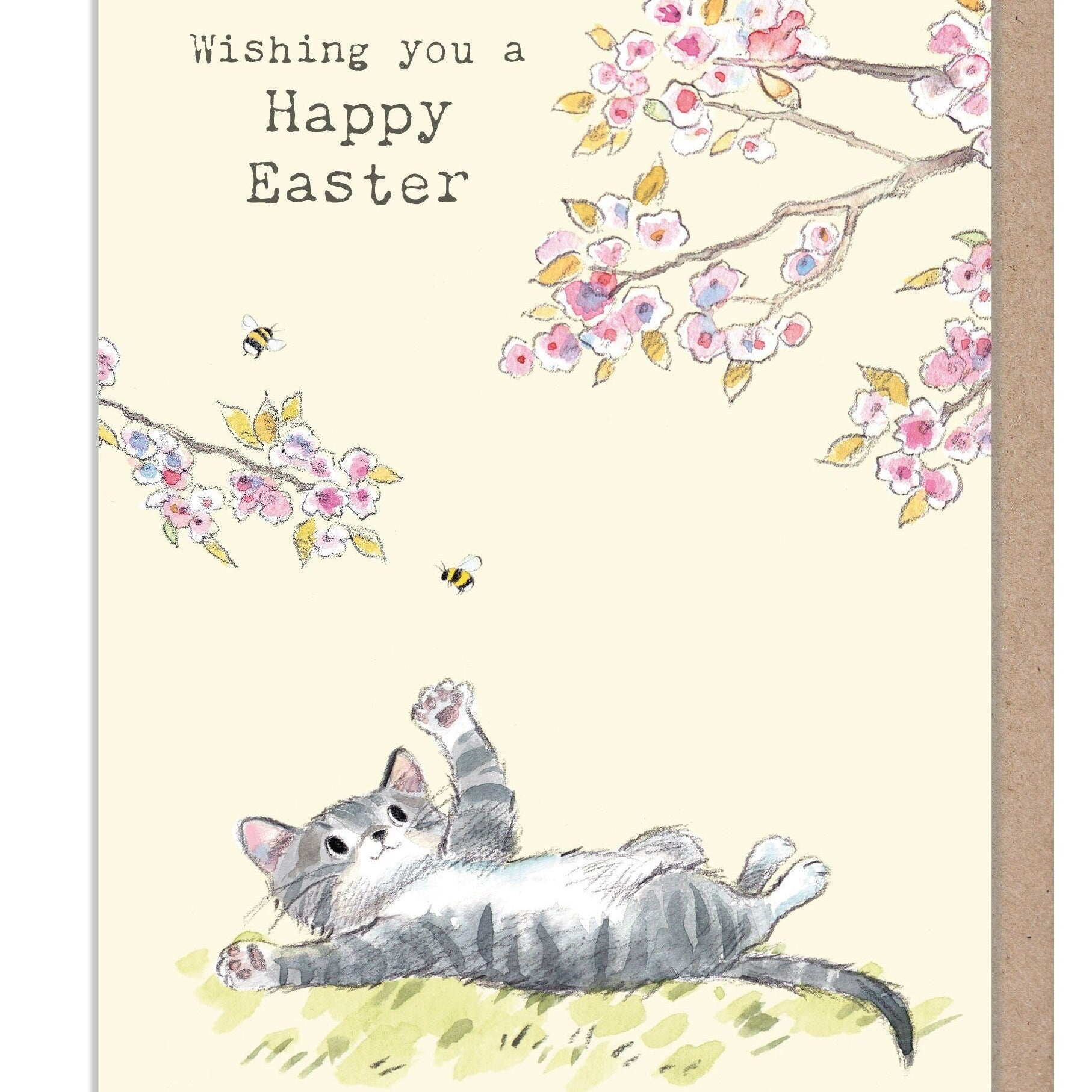 Greeting Card 'Wishing You a Happy Easter' -  Grey Cat with Blossom - 127 x 177 mm