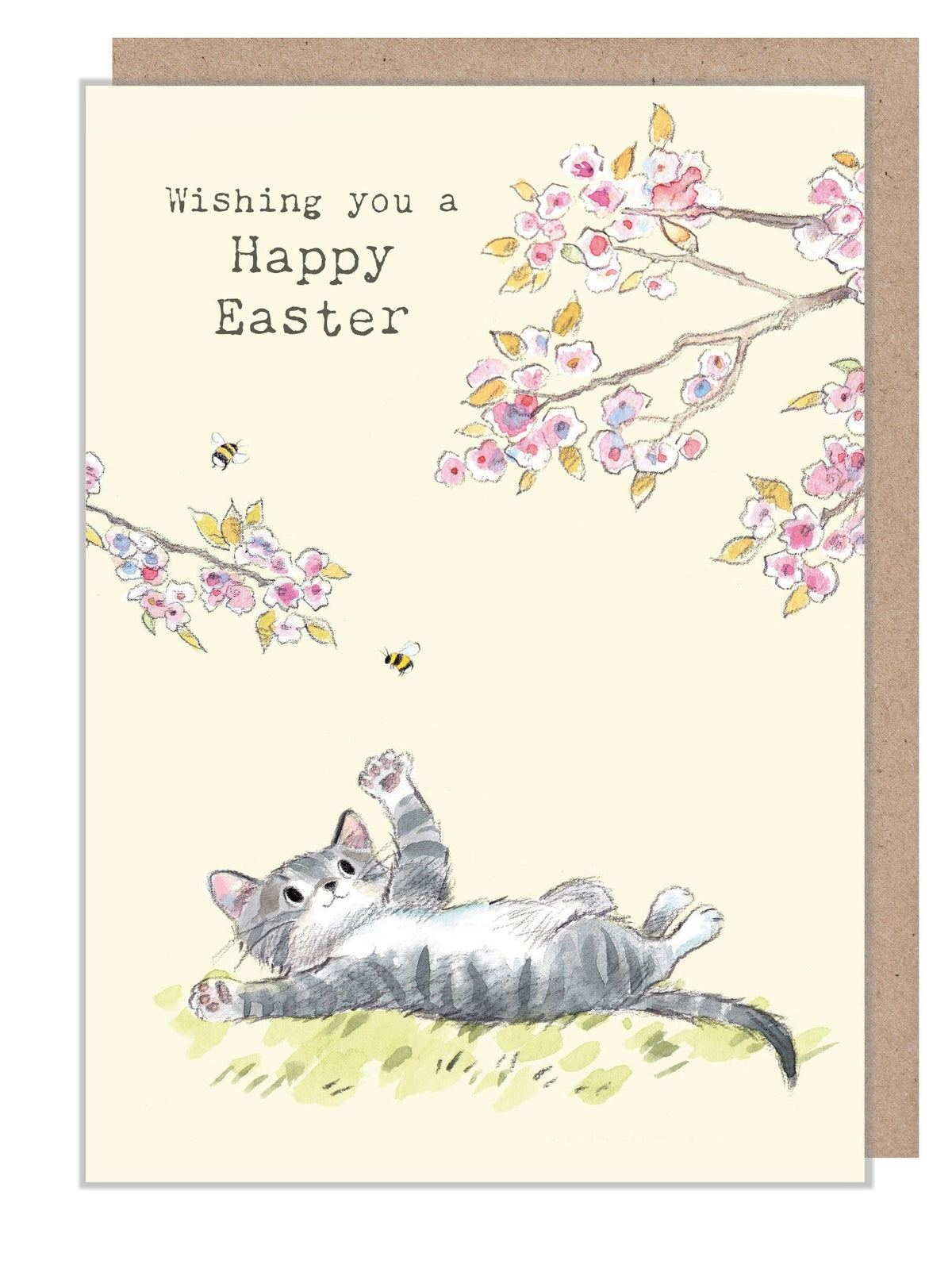 Greeting Card 'Wishing You a Happy Easter' -  Grey Cat with Blossom - 127 x 177 mm