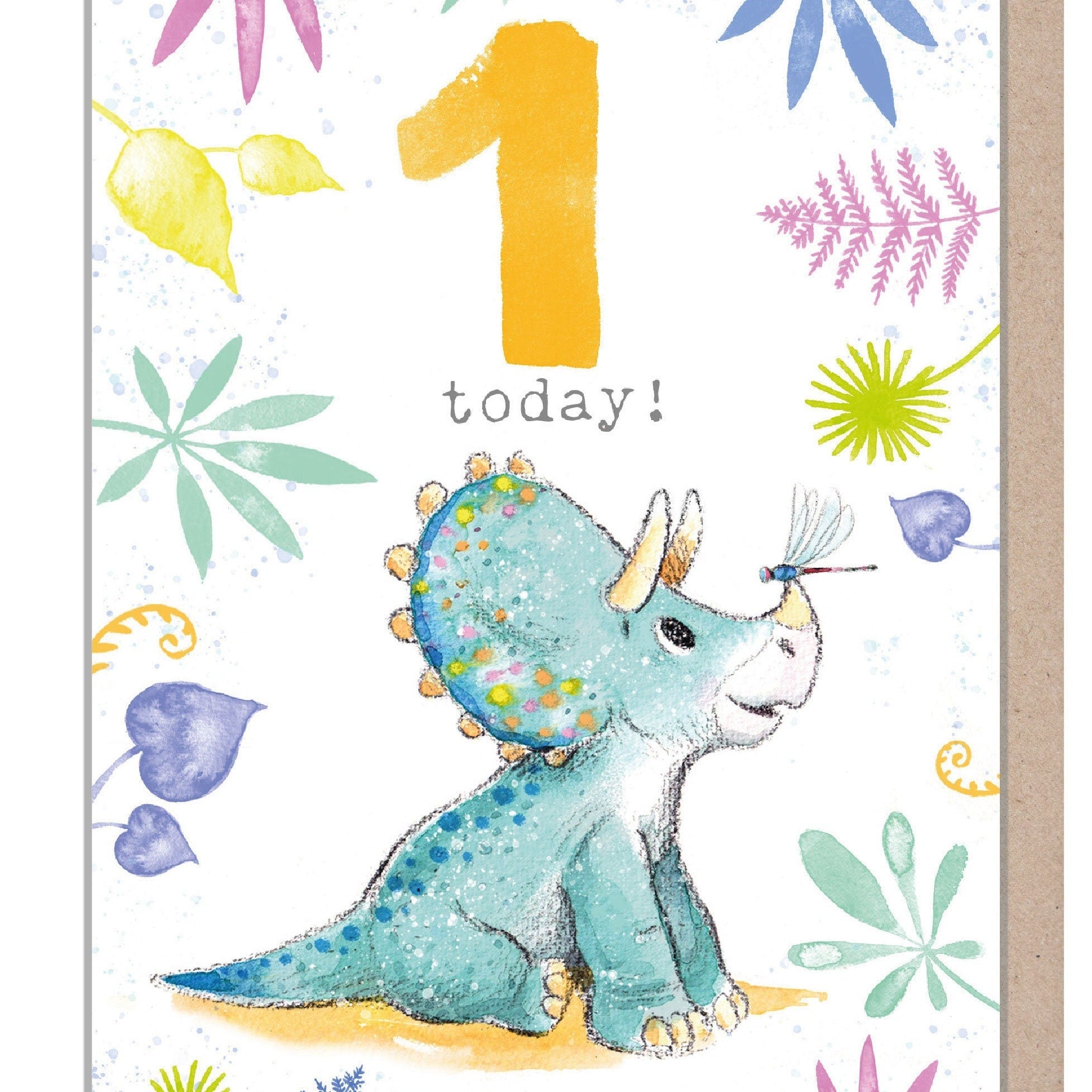 Greeting Card - Age 1 - Triceratops Dinosaur with Dragonfly