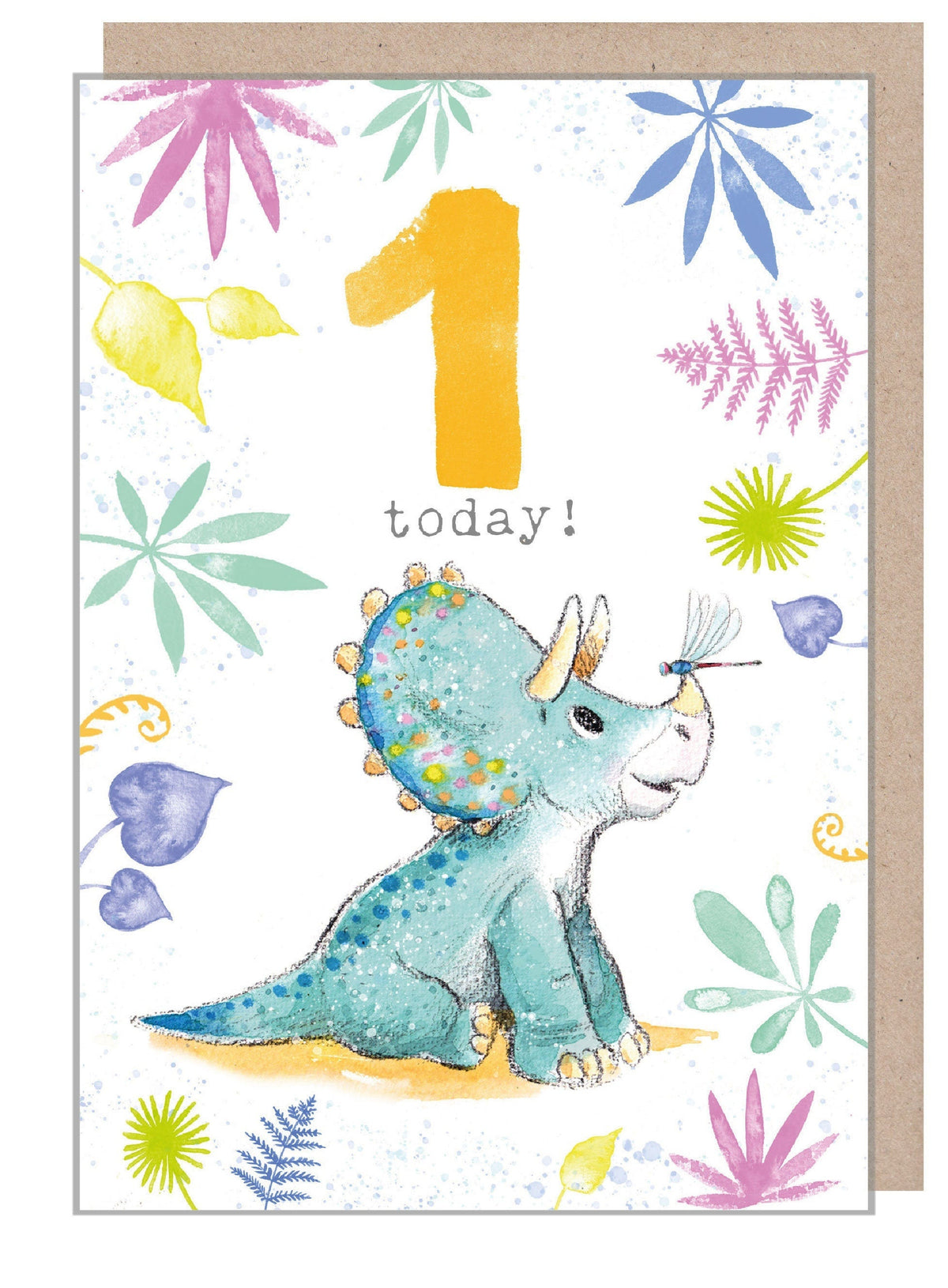 Greeting Card - Age 1 - Triceratops Dinosaur with Dragonfly