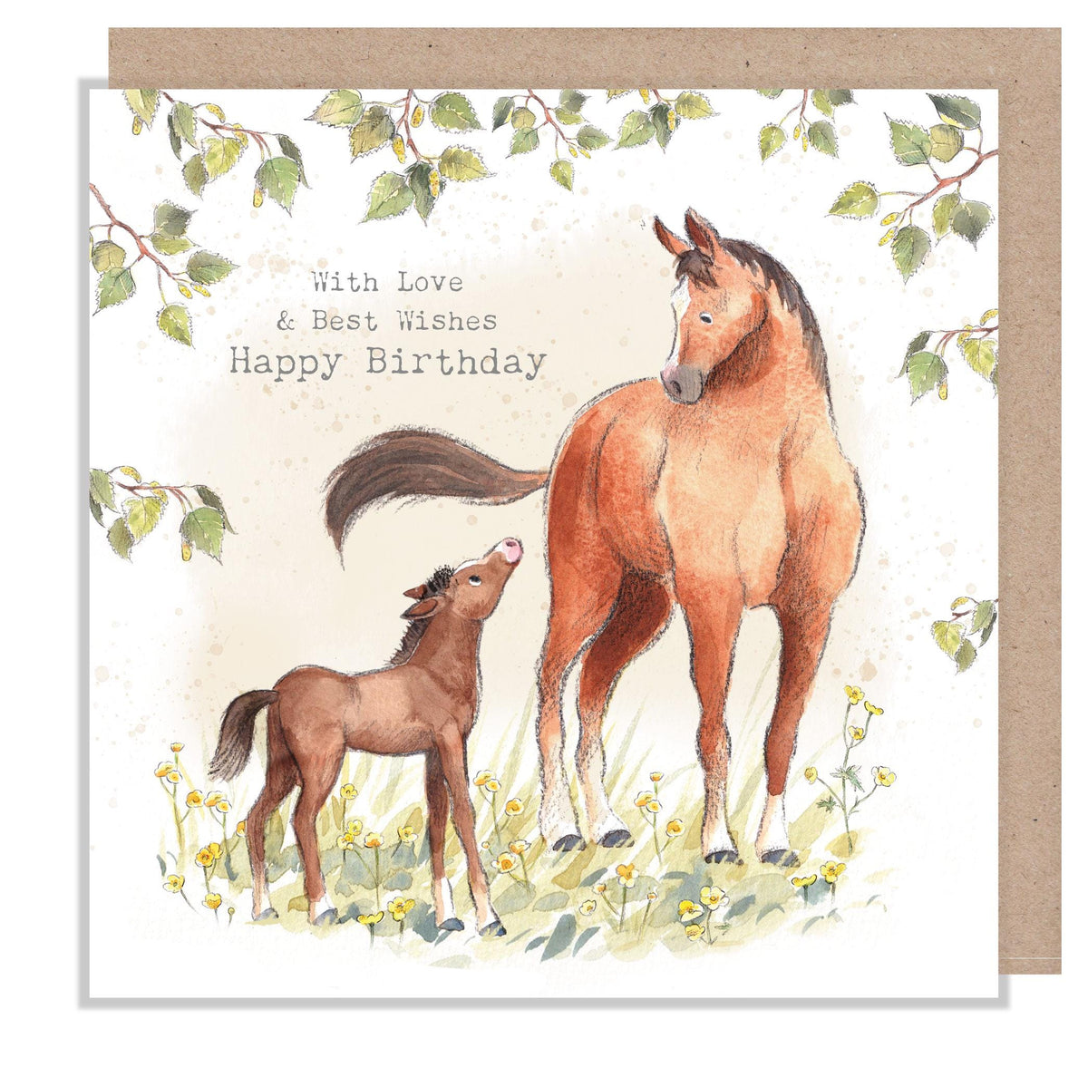 Birthday Card - Happy Birthday - Brown Horse and Foal