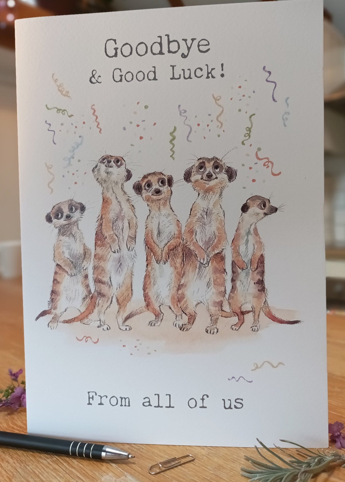 Goodbye Card - Goodbye & Good Luck - Meerkats with Streamers