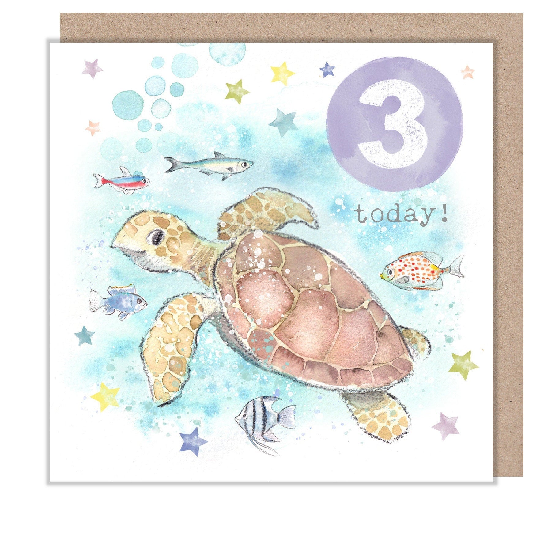 Age 3 Birthday Card - Turtle and Fish