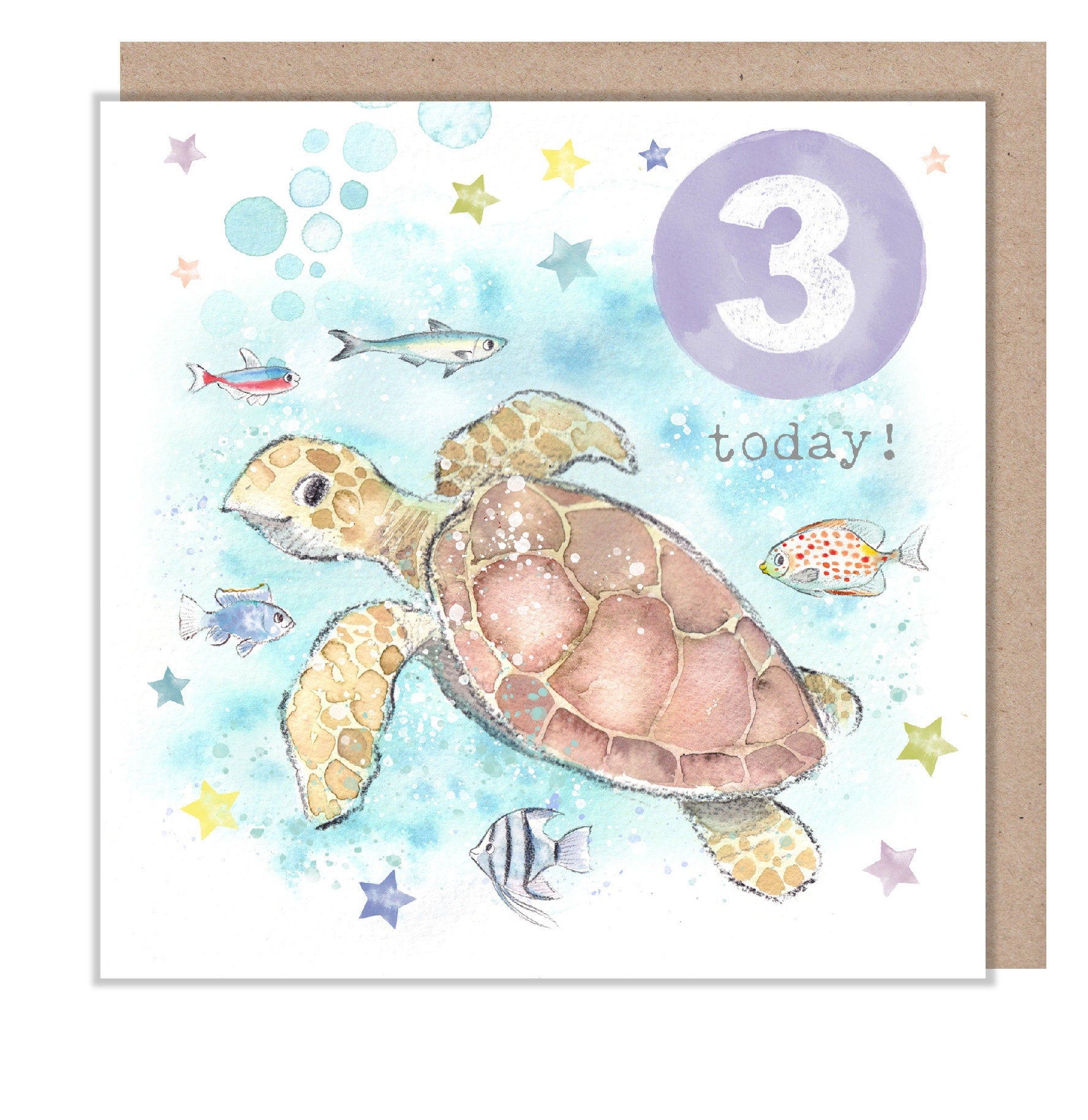 Age 3 Birthday Card - Turtle and Fish