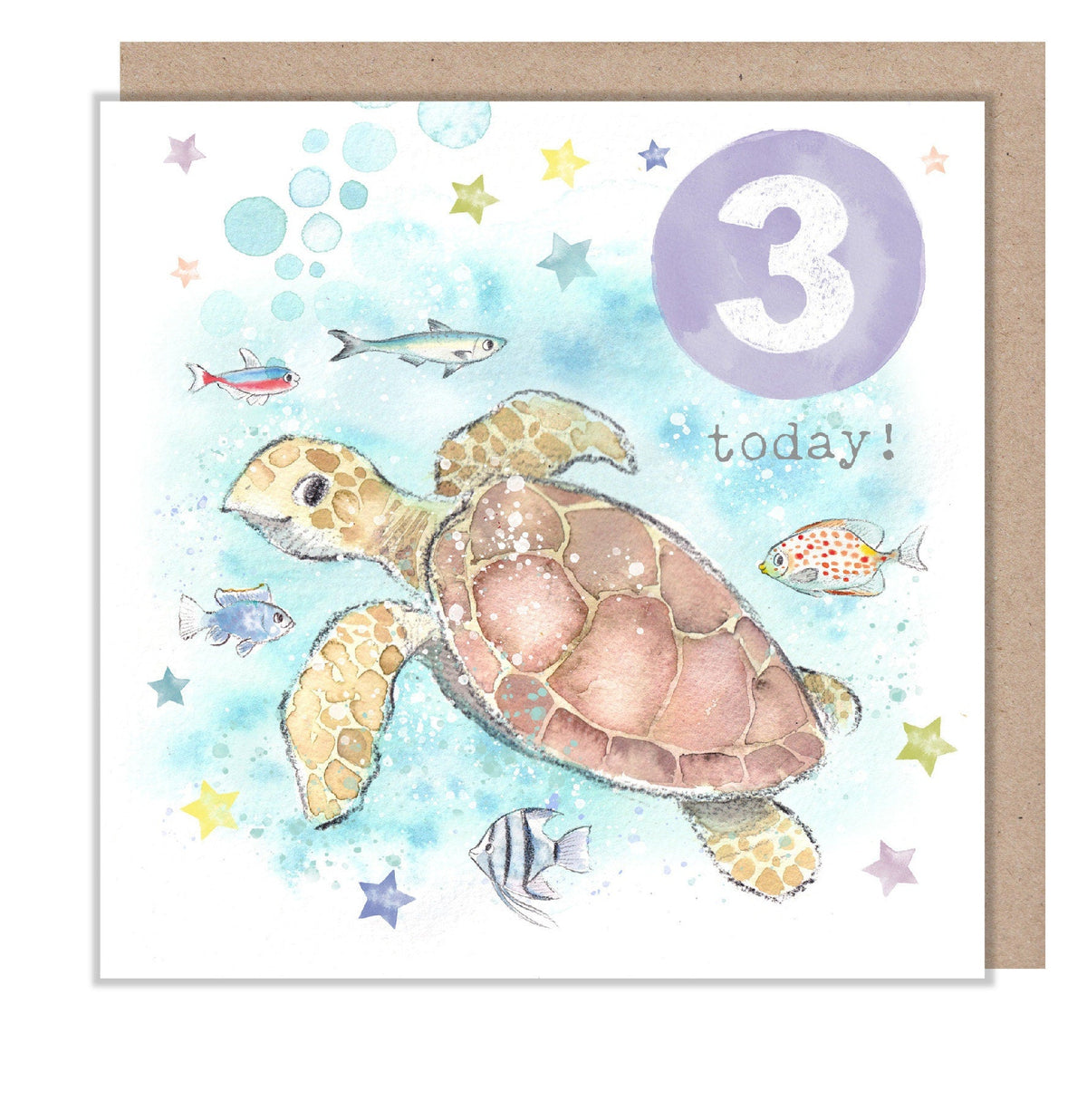 Age 3 Birthday Card - Turtle and Fish