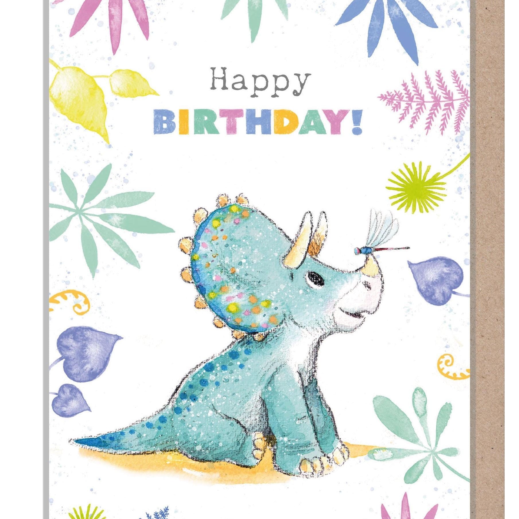 Happy Birthday Card - Triceratops and Dragonfly