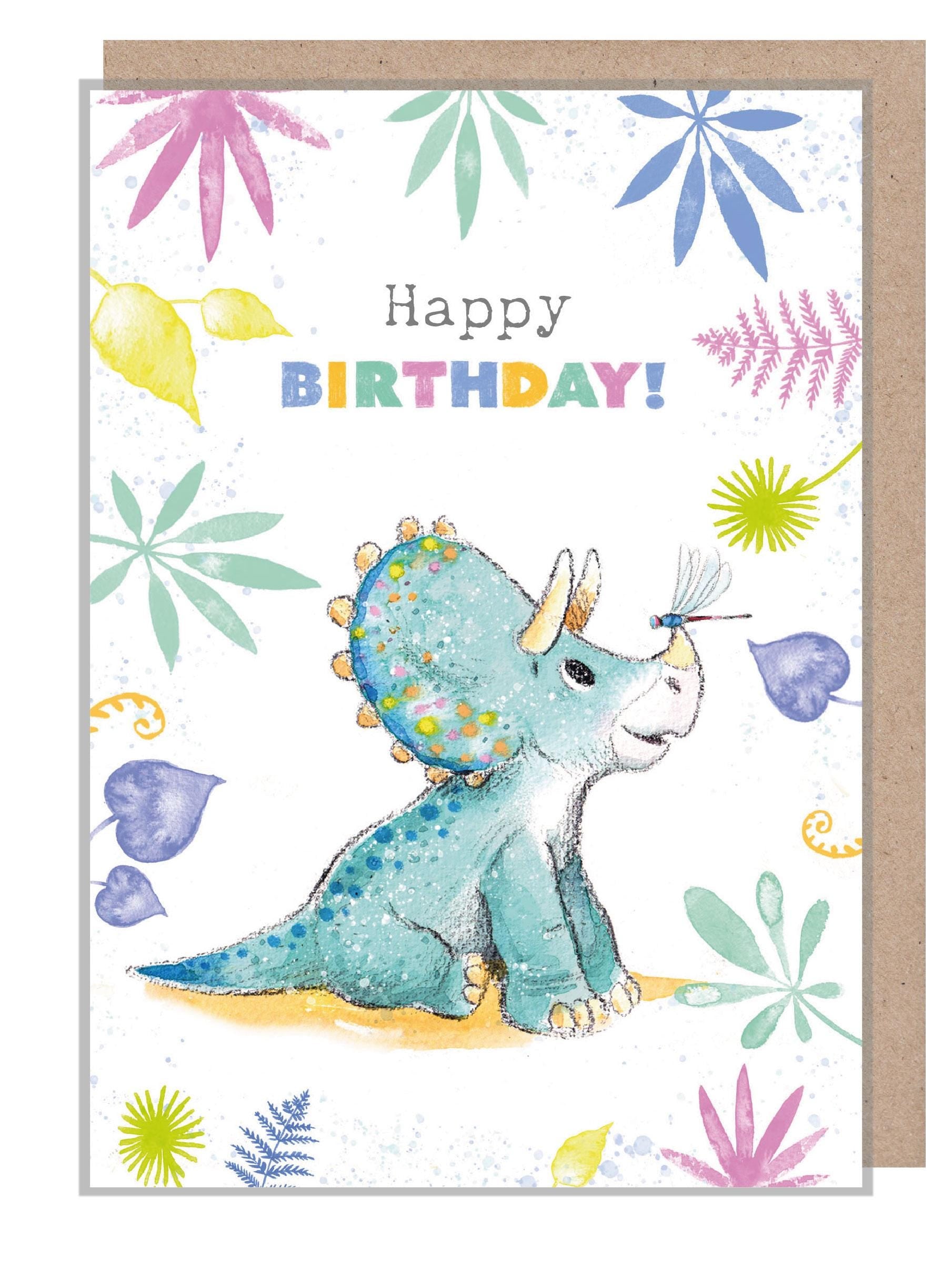 Happy Birthday Card - Triceratops and Dragonfly