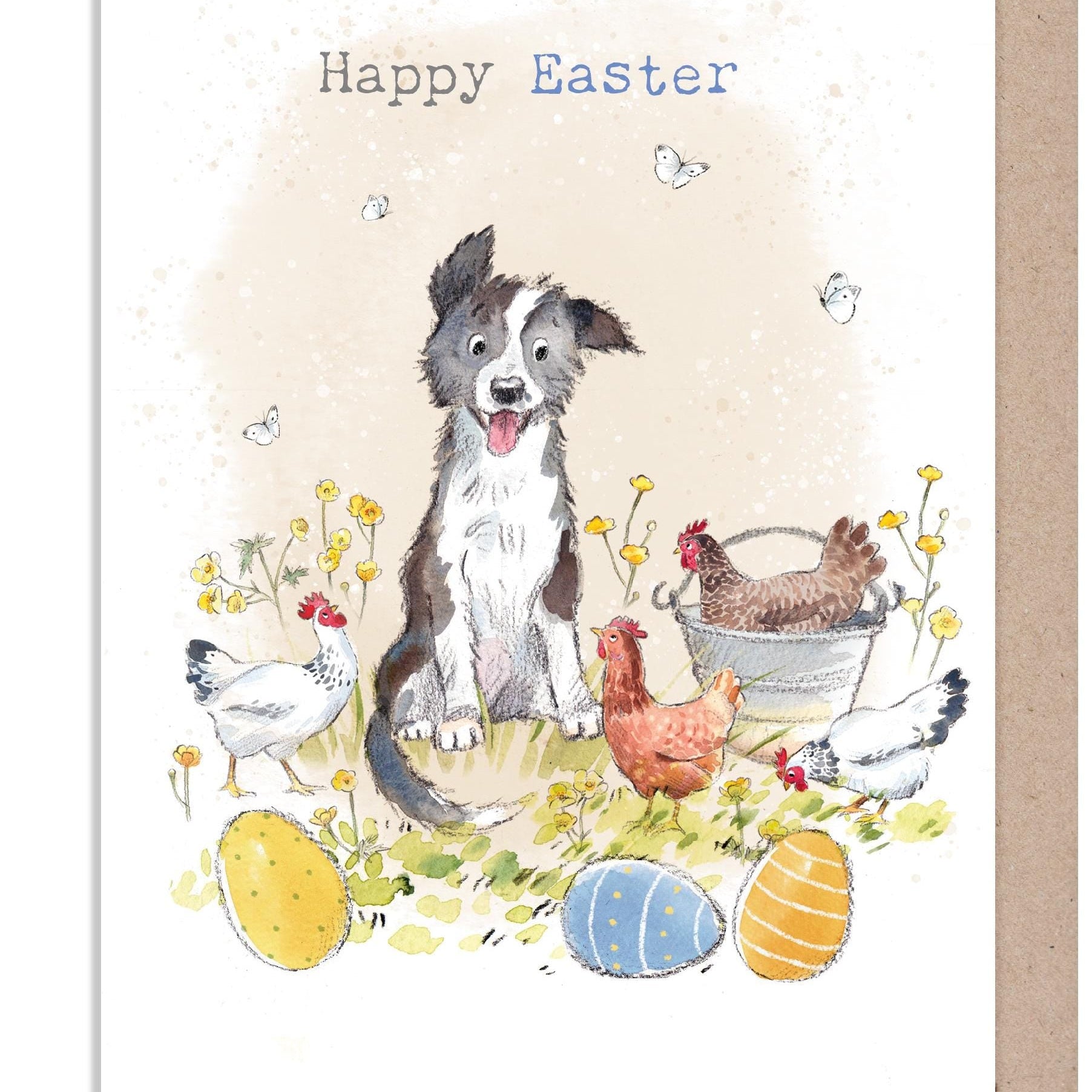 Happy Easter Card - Collie Dog with Hens