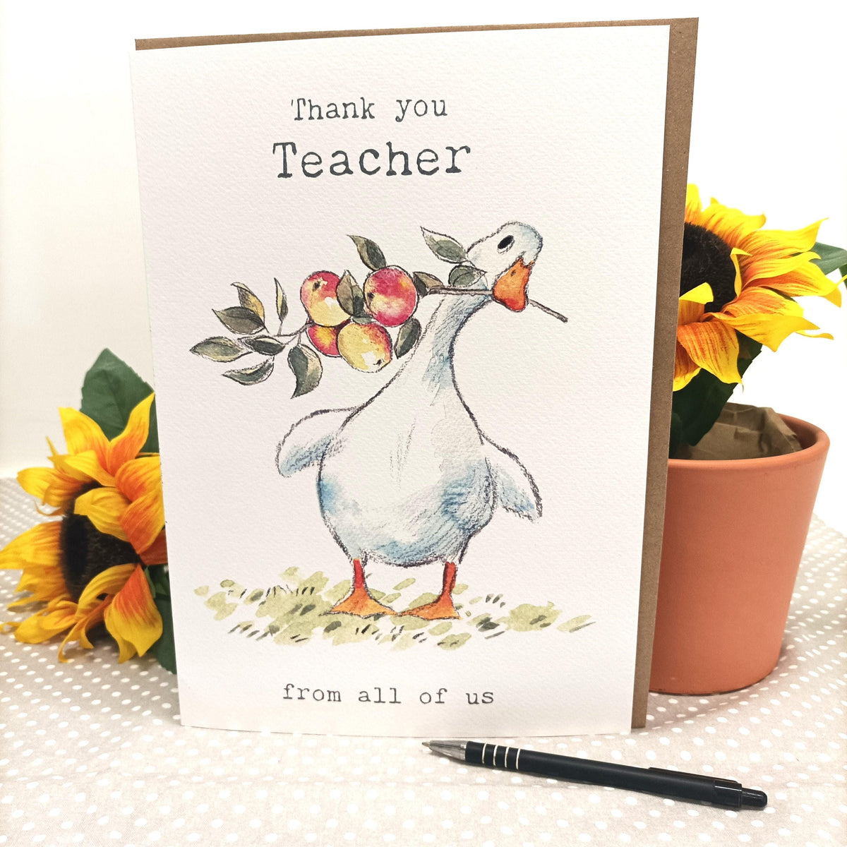 Thank You Teacher Christmas Card - Jumbo Size - White Duck with Apples
