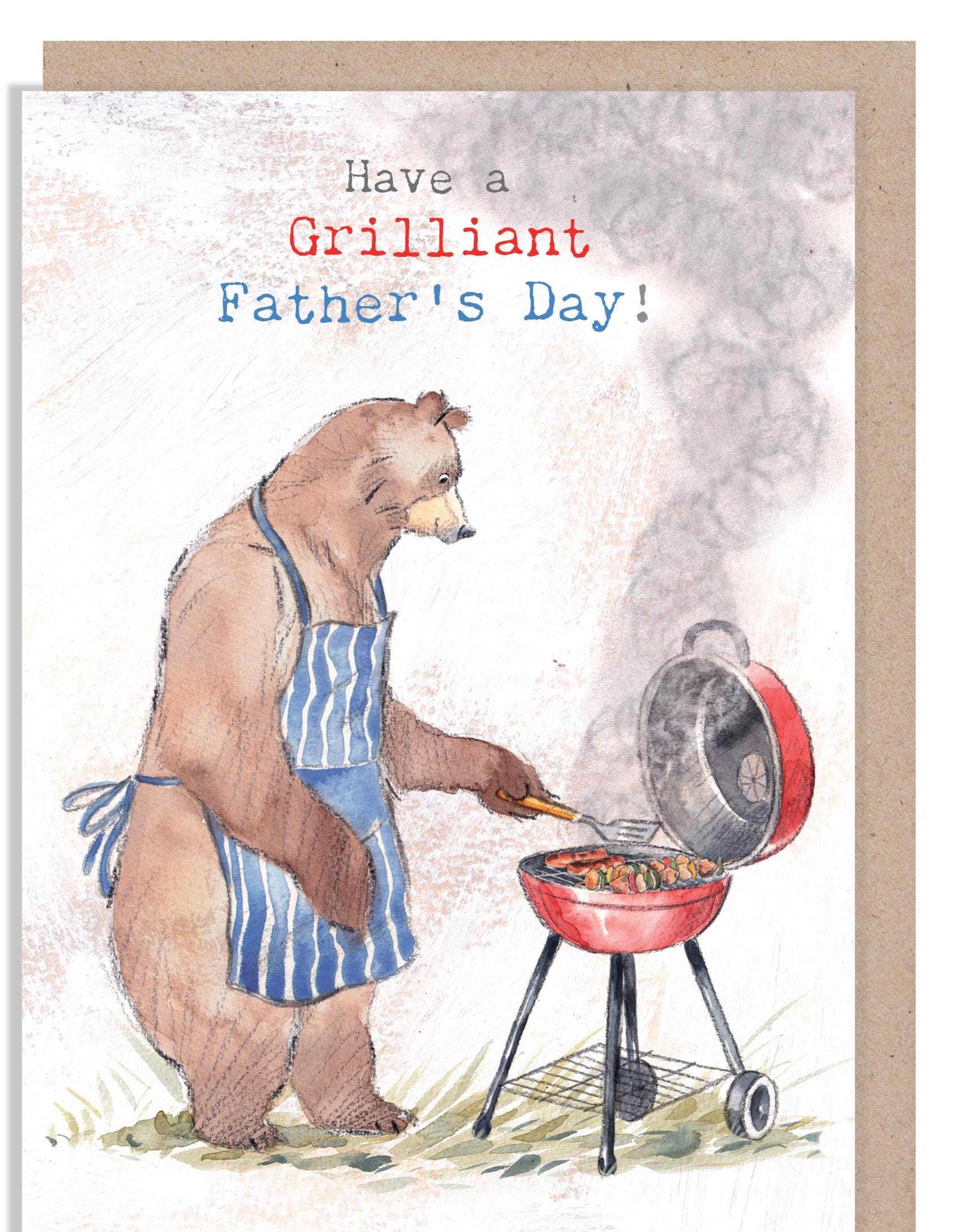 Father's Day Card - Grilliant Father's Day - Bear in Apron Cooking Barbecue