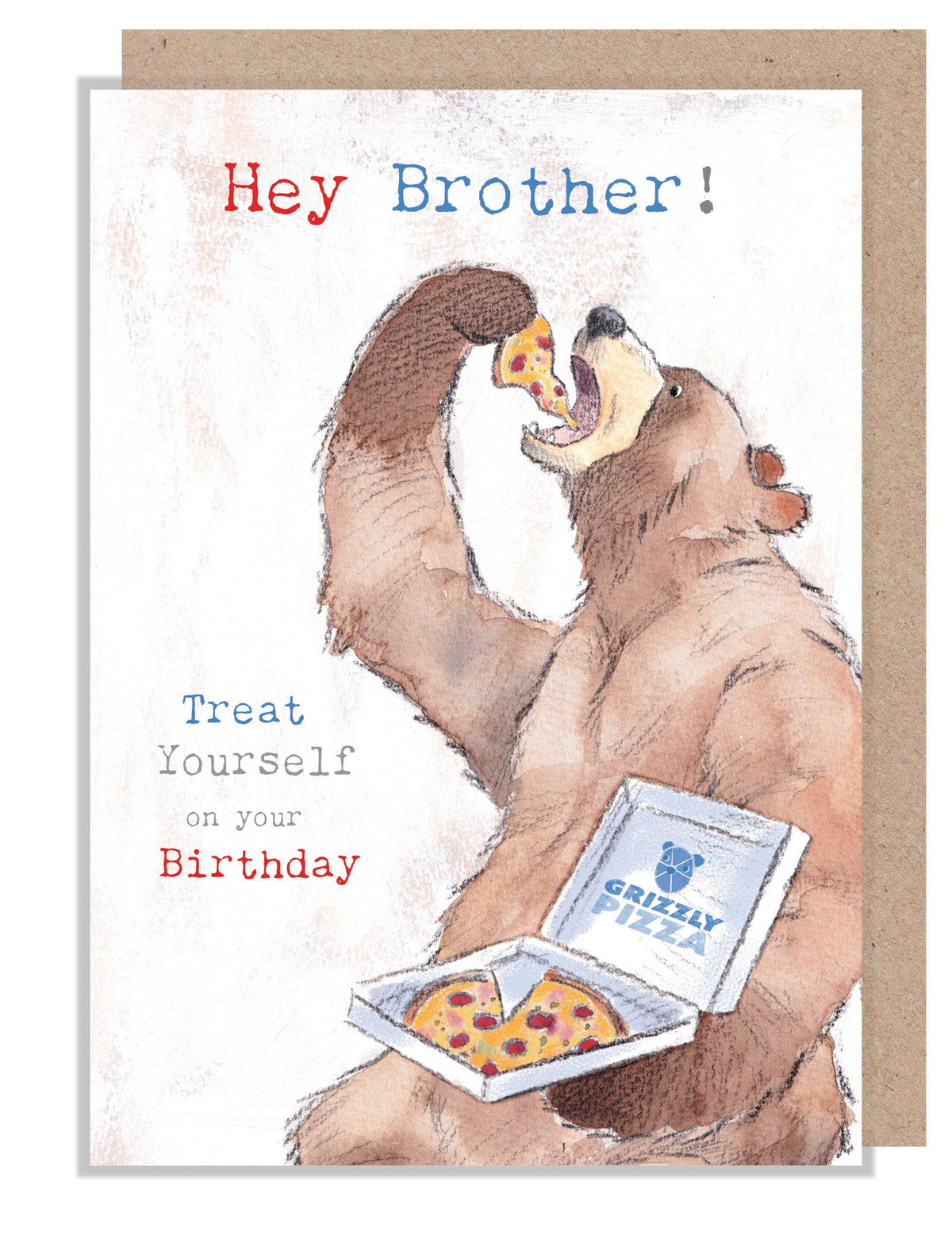 Birthday Card - Hey Brother - Bear Eating Pizza