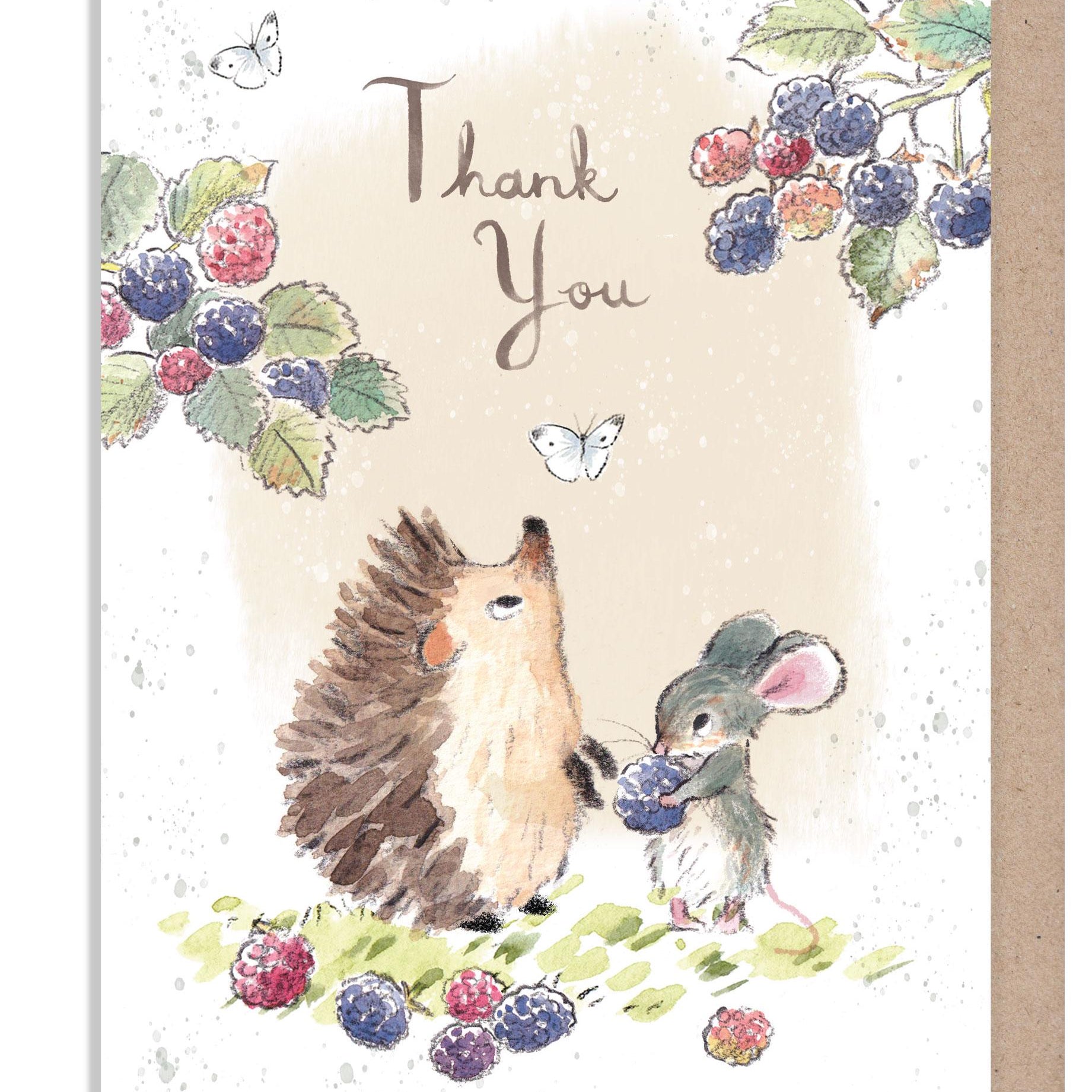 Greeting Card - Thank You - Hedgehog and Mouse with Blackberries