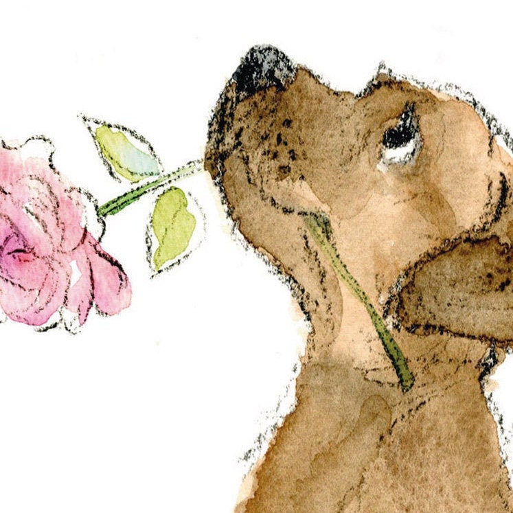 Cute Dog Card - Love You Mum - Chocolate Labrador with Pink Rose