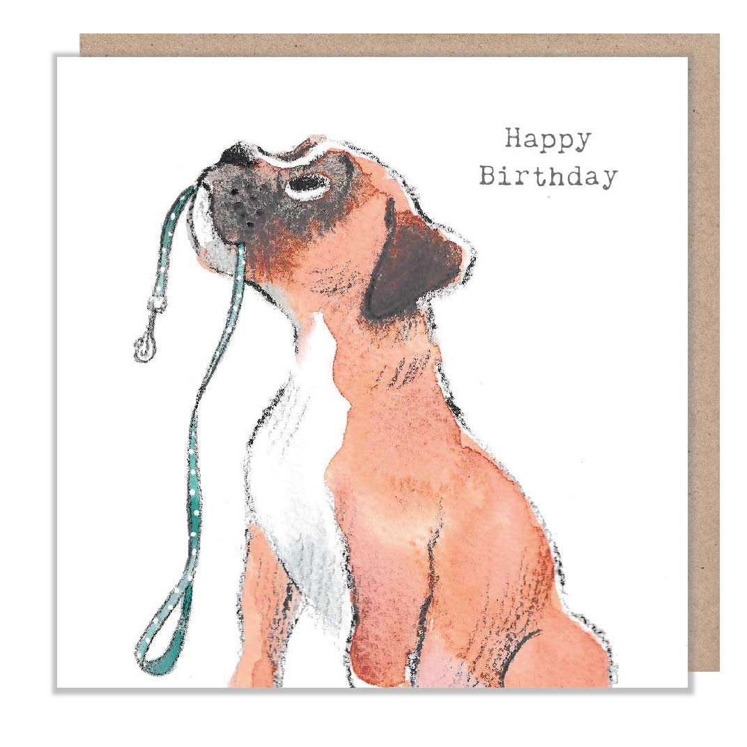 Happy Birthday Card - Boxer Dog Holding Lead