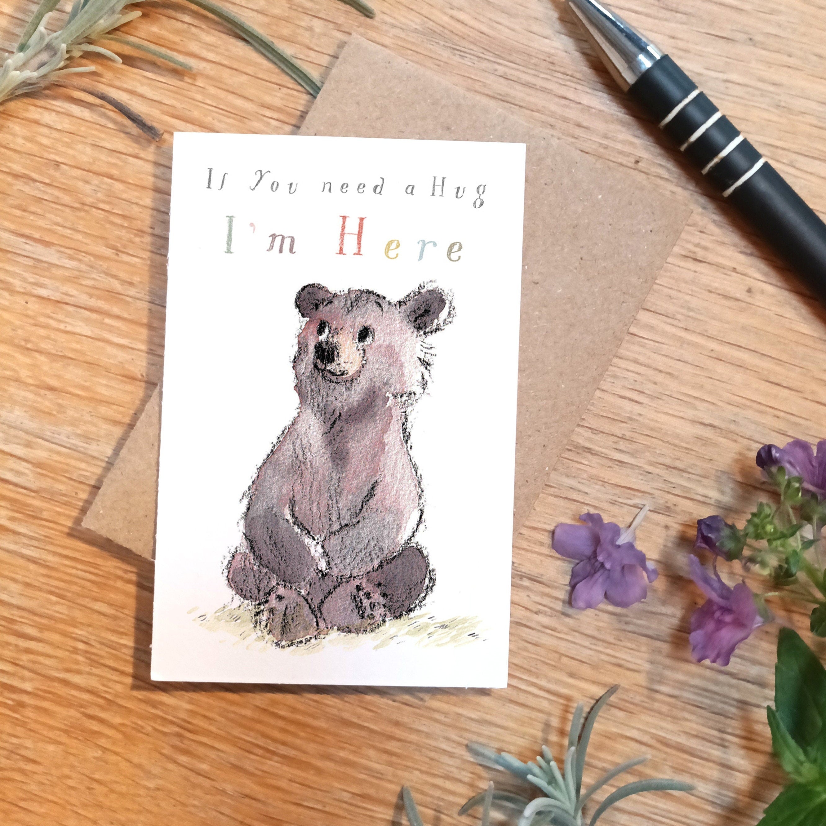 Sentiment Card - If You Need a Hug I'm Here - Brown Bear Sitting
