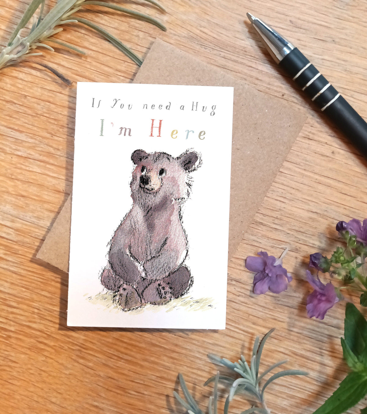 Sentiment Card - If You Need a Hug I'm Here - Brown Bear Sitting
