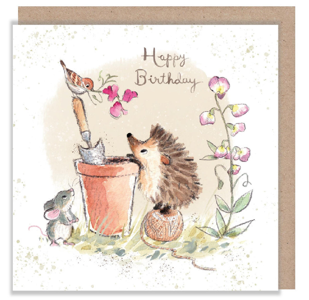Happy Birthday Card - Hedgehog, Mouse, Bird with Flowerpot