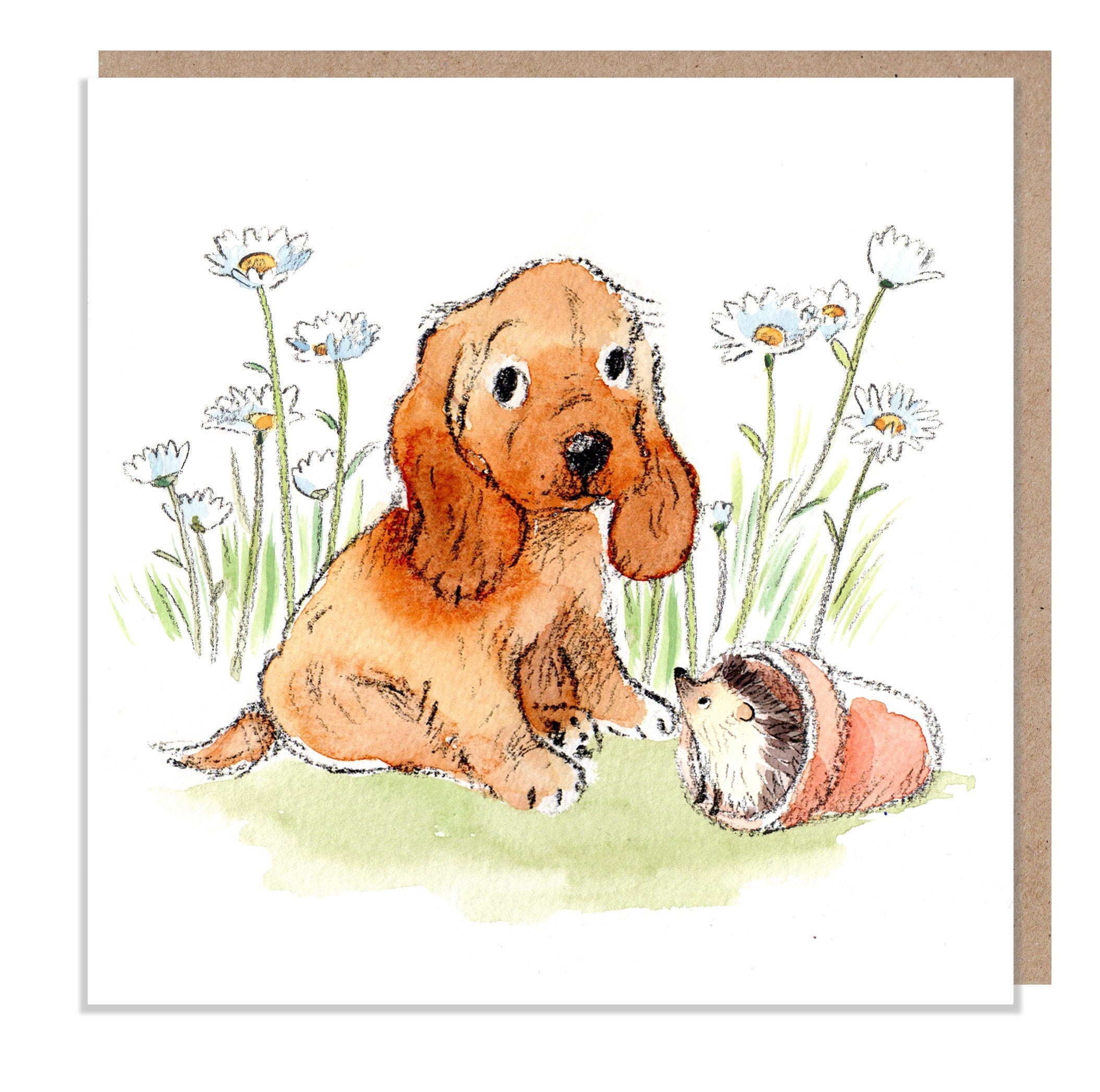 Cute Dog Card - Blank  - Sitting Cocker Spaniel with Daisies Ans Hedgehog
