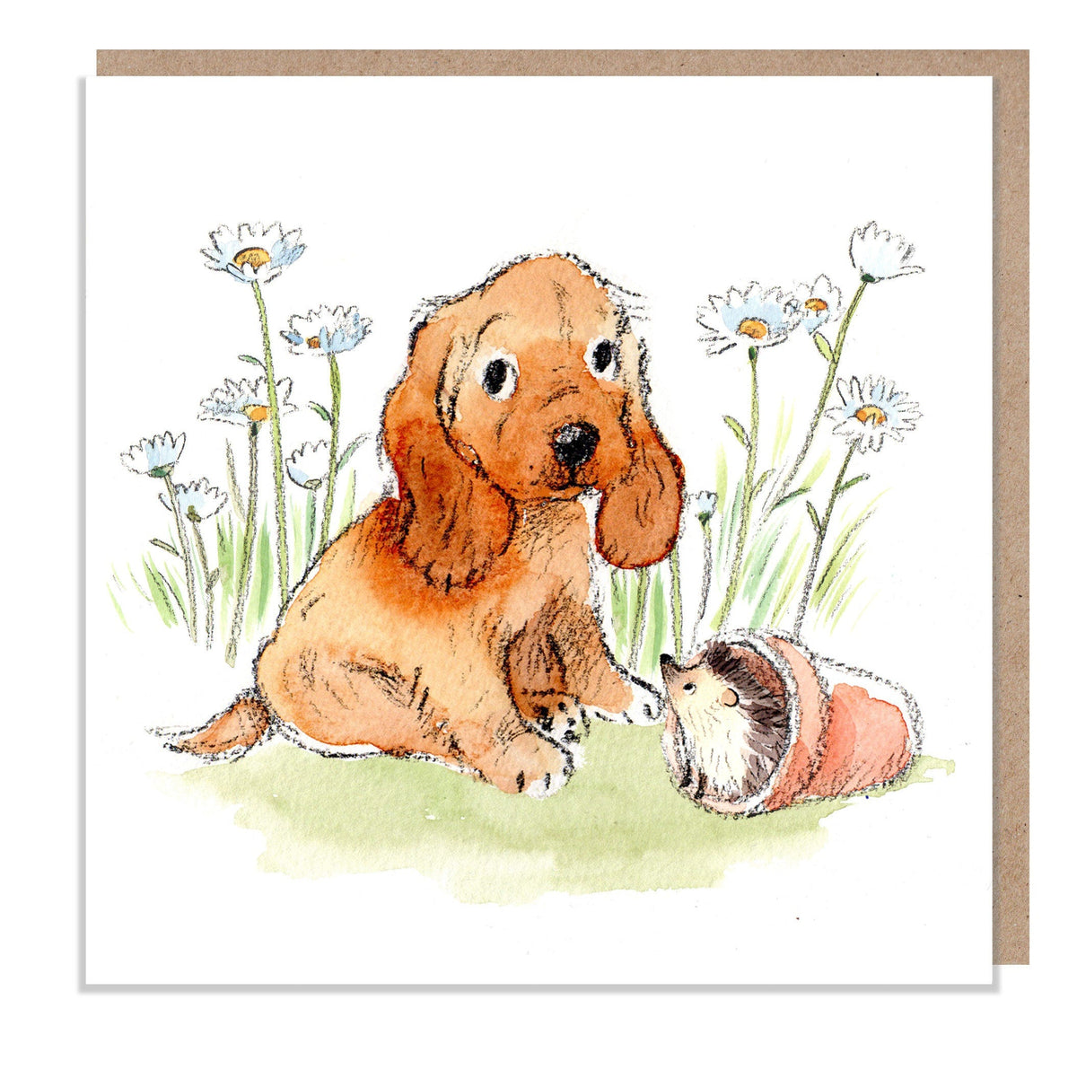 Cute Dog Card - Blank  - Sitting Cocker Spaniel with Daisies Ans Hedgehog